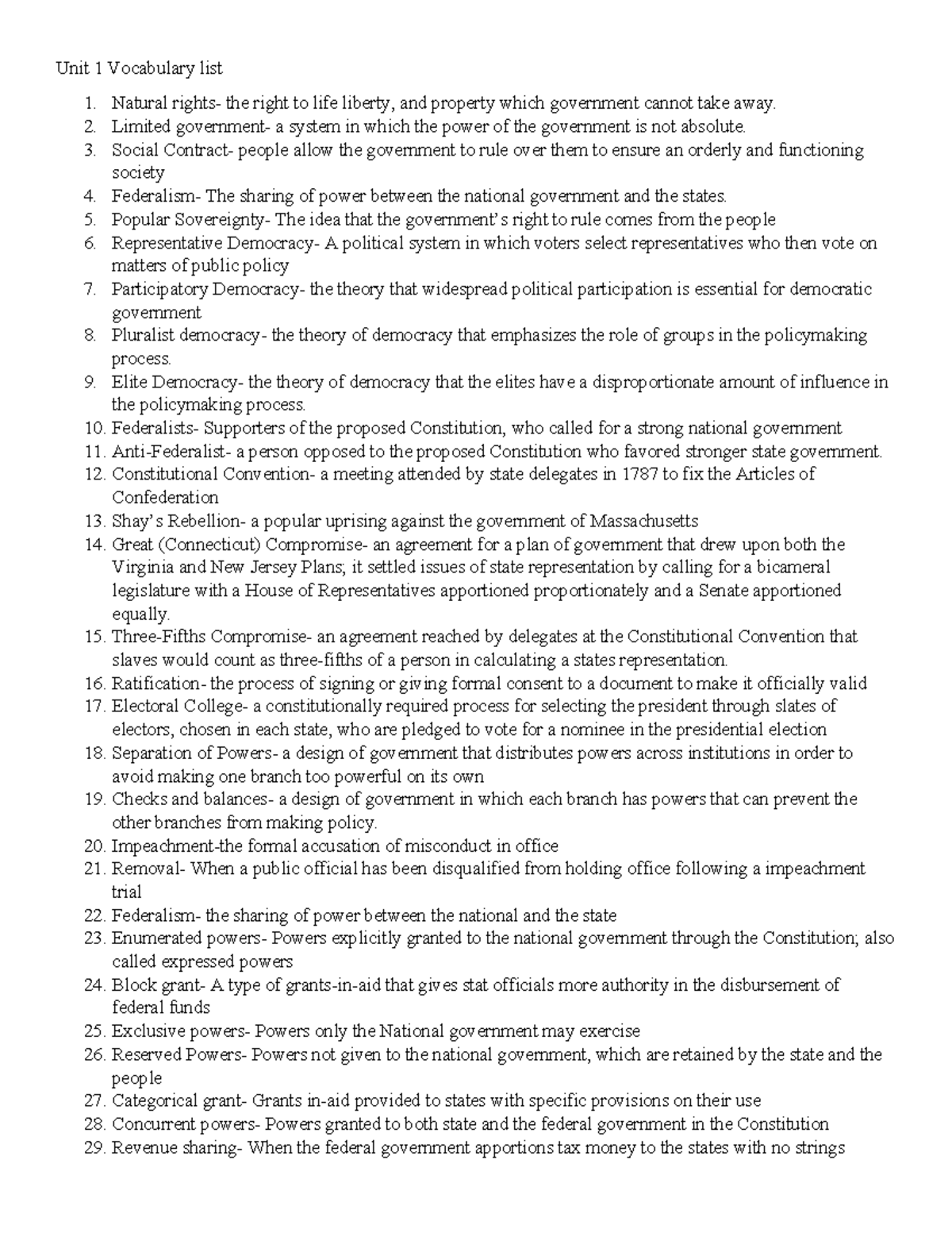 Unit 1 Vocabulary List for US Government Concepts - Studocu