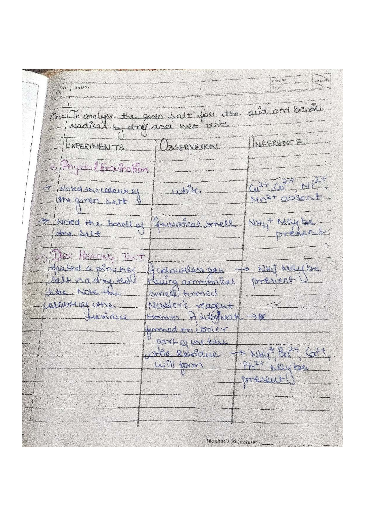 Chemistry Practical: Analysis of Salt for Acid and Basic Radicals - Studocu