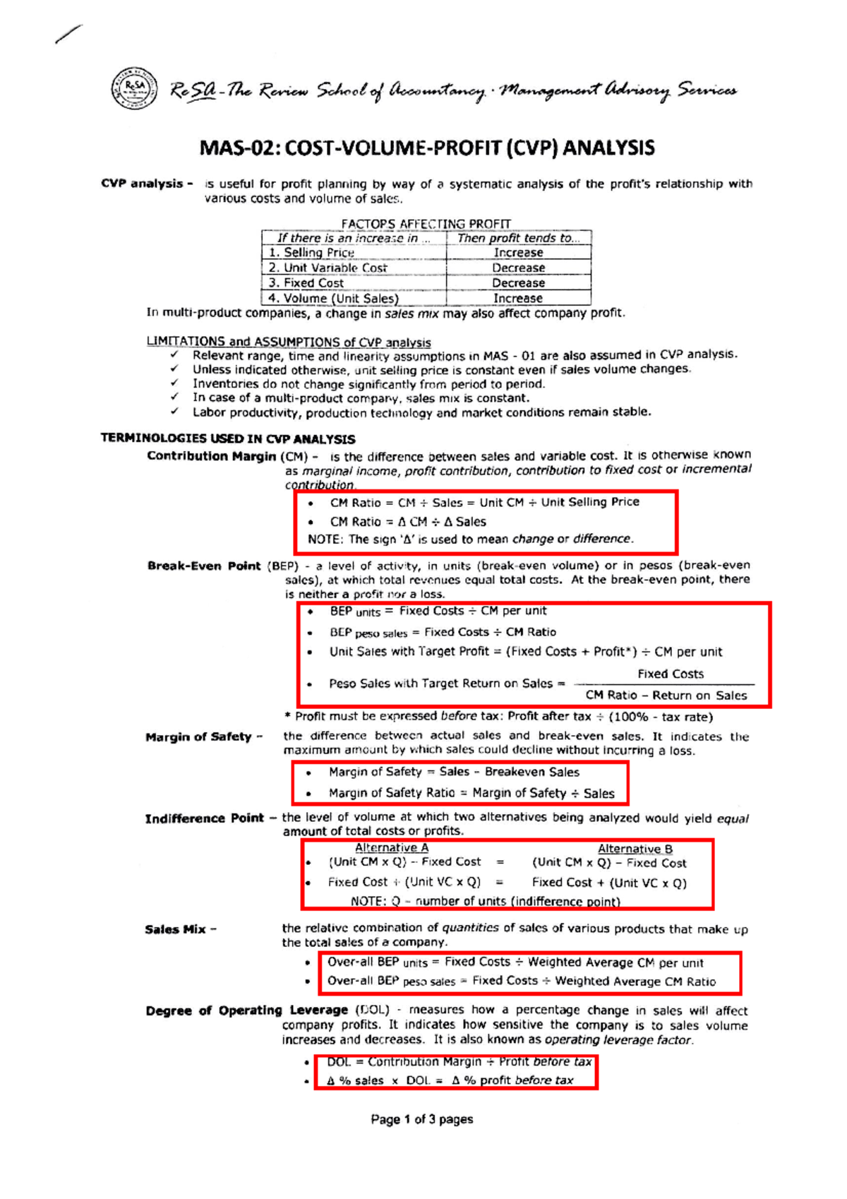 Management Advisory Services (MAS 01) CVP Analysis Review Notes - Studocu