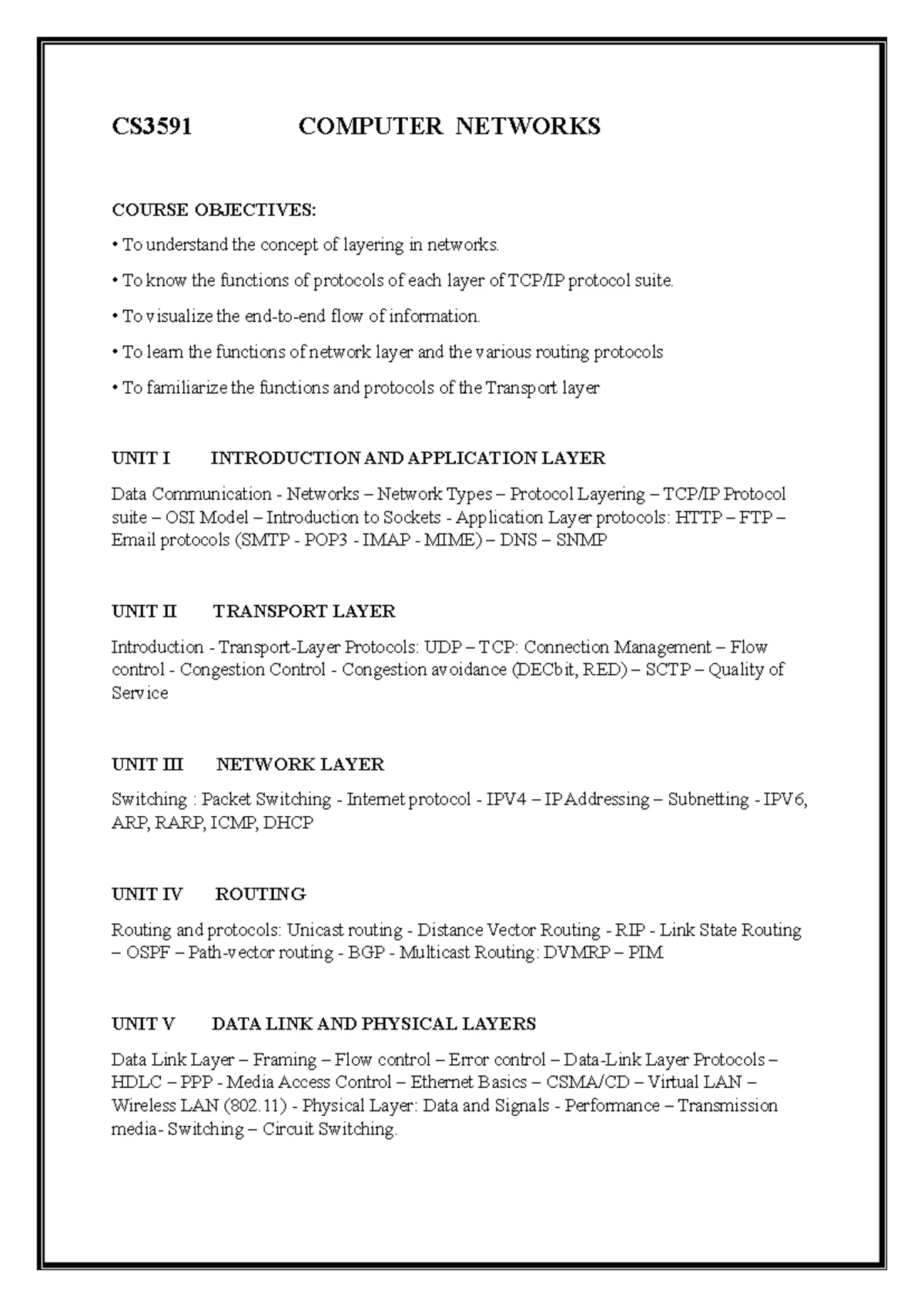 CS3591 Computer Networks Course Syllabus Overview and Objectives - Studocu