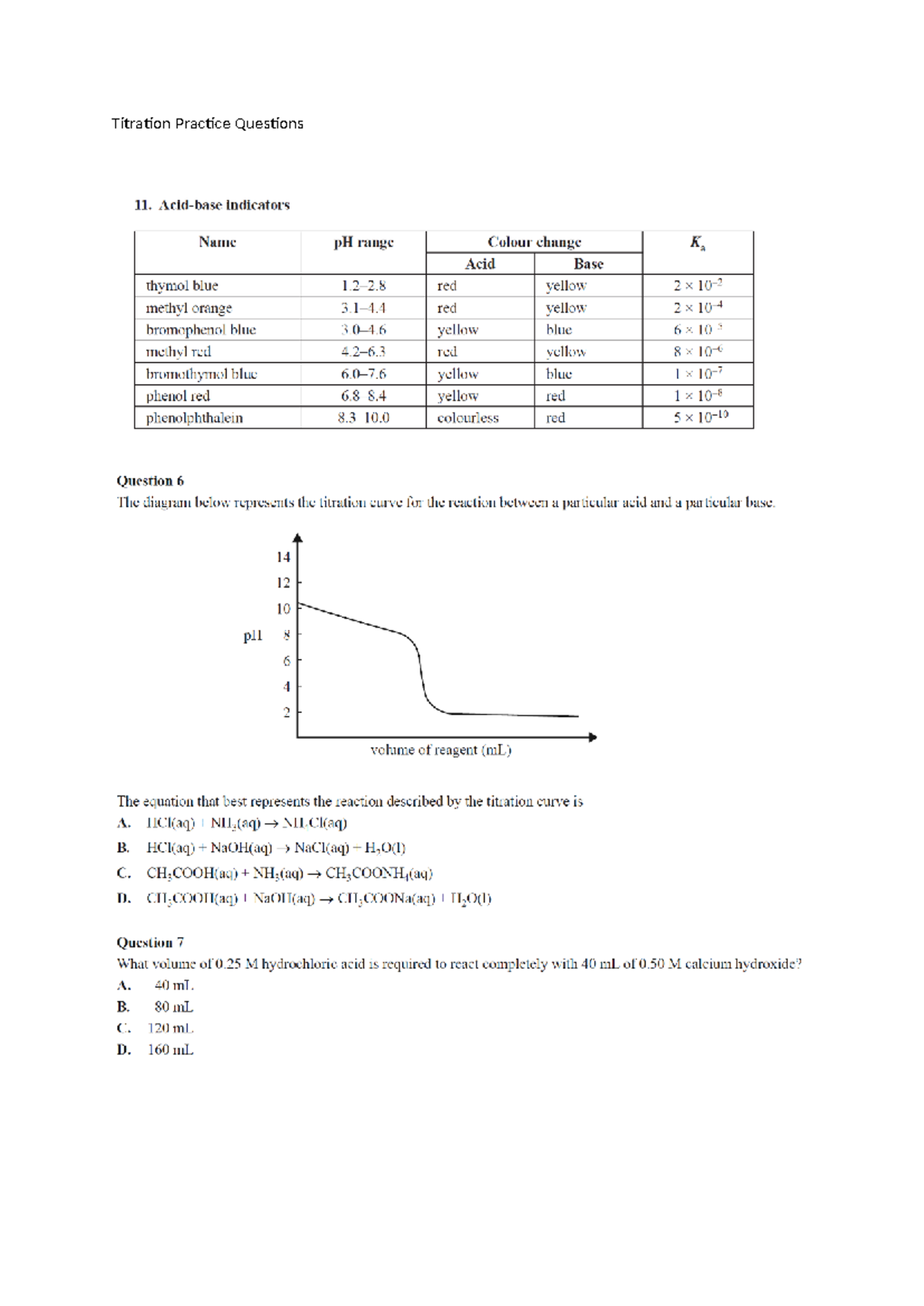 Titration Practice Questions 11: Indicators and pH Analysis - Studocu