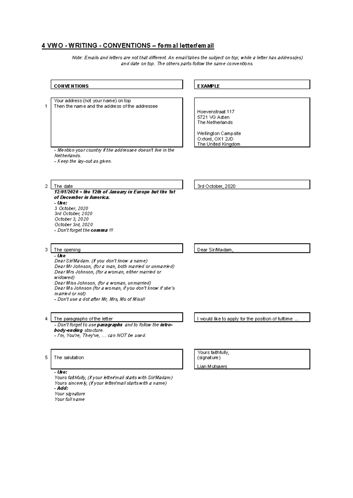 4 VWO - Writing Conventions for Formal Letters & Emails - Studeersnel