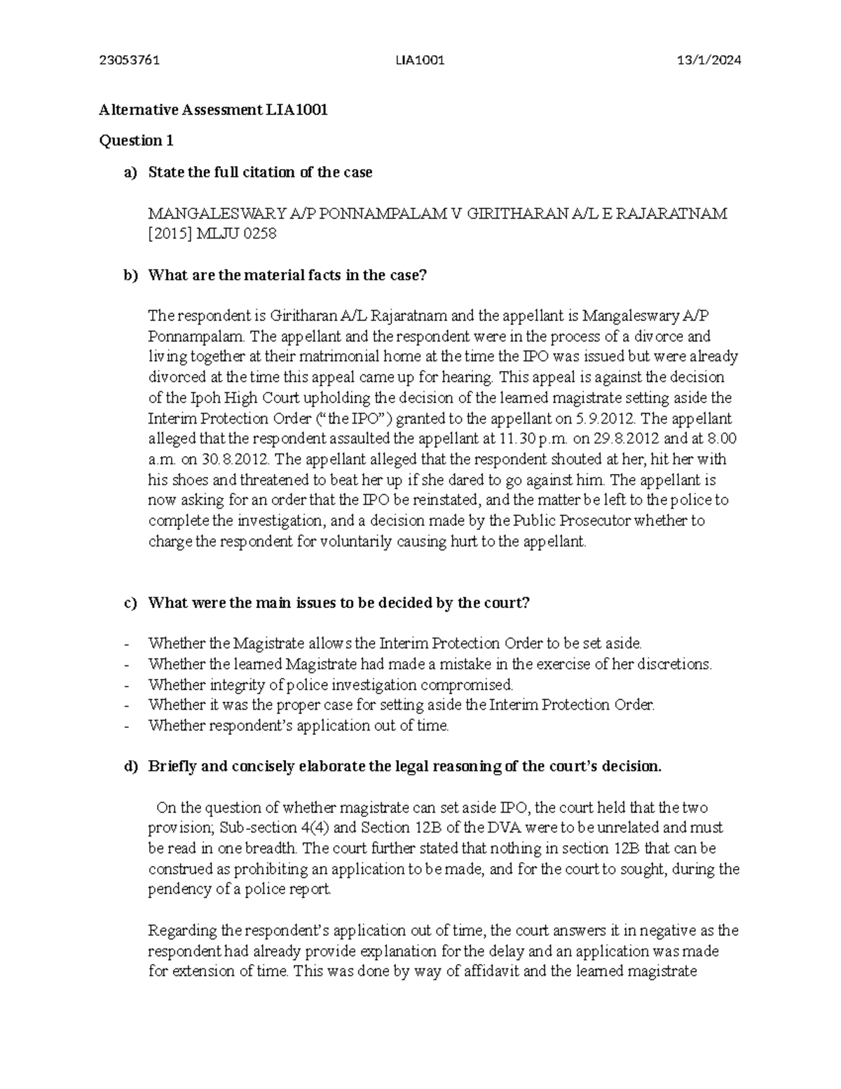 23053761 LIA1001 Final Assessment Questions and Case Analysis - Studocu