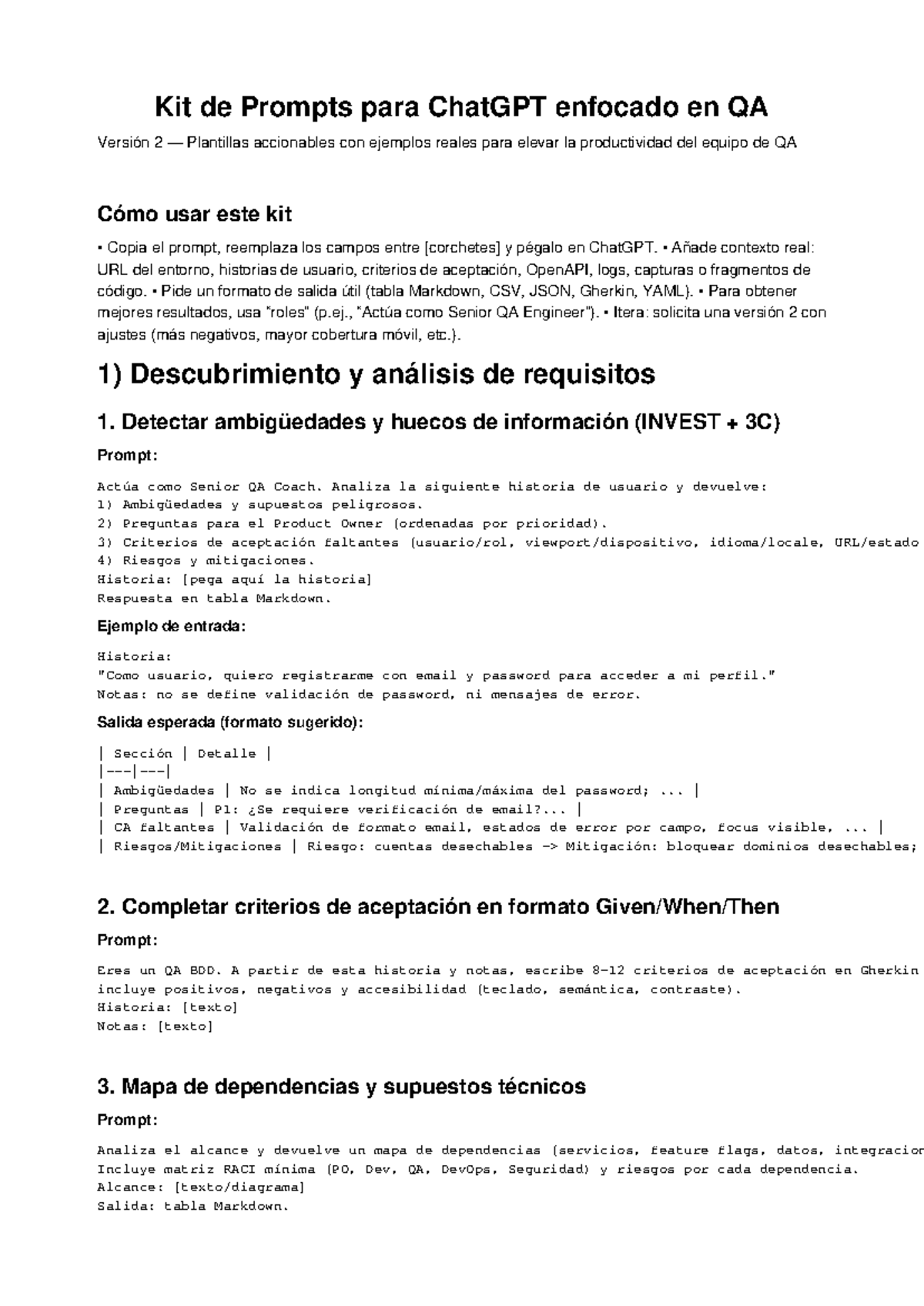 Kit de Prompts para QA en ChatGPT - Versión 2 - Studocu
