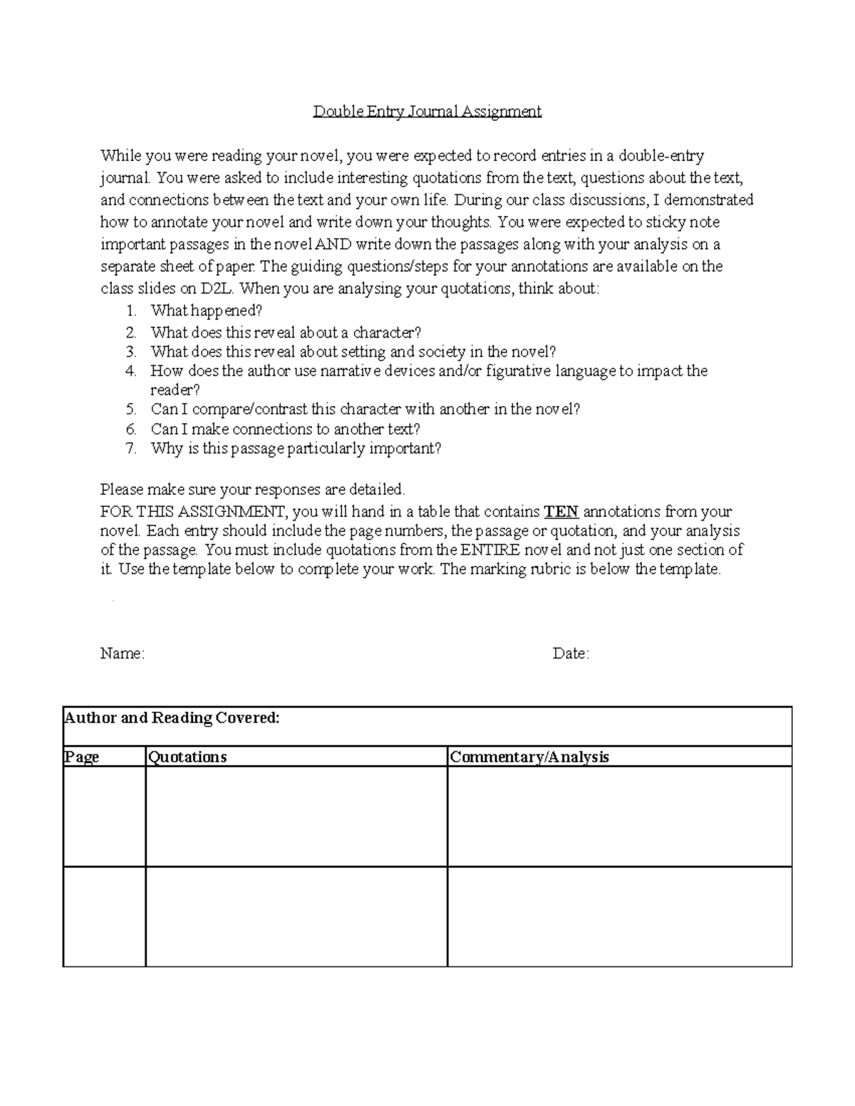 Double Entry Journal Assignment Guide: Annotations & Analysis - Studocu