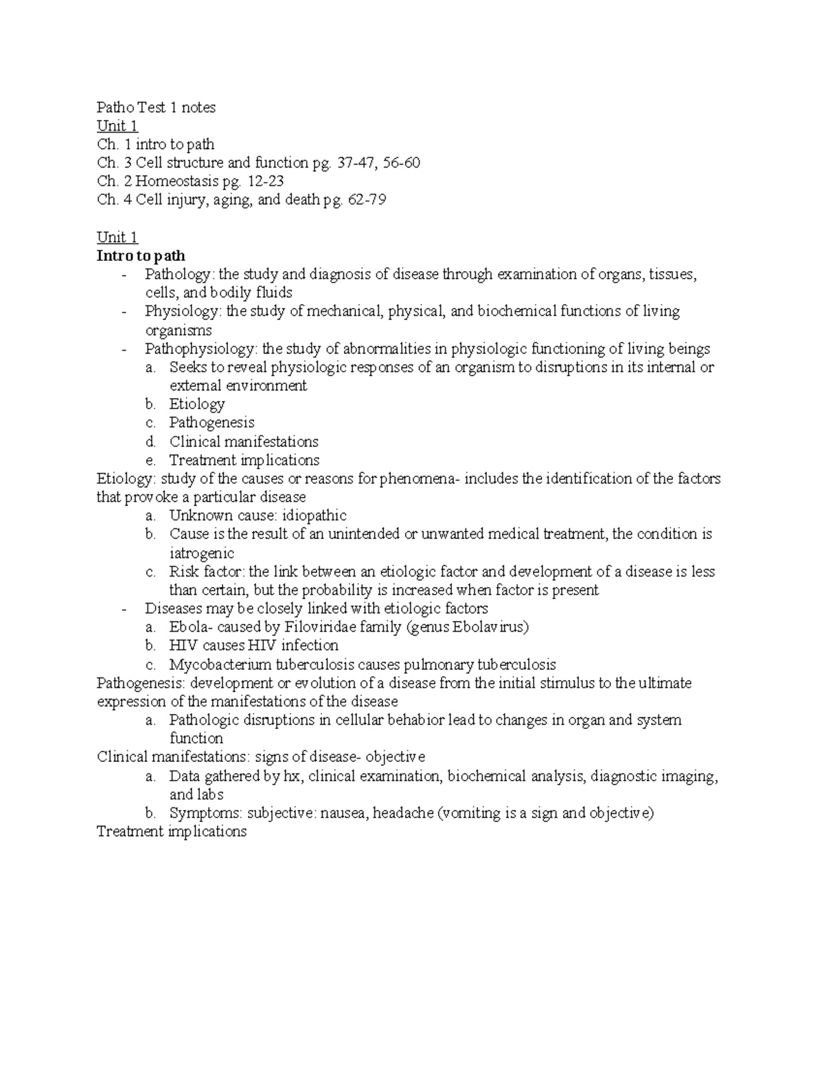 Patho 101: Test 1 notes on cell structure, function, and injury - Studocu