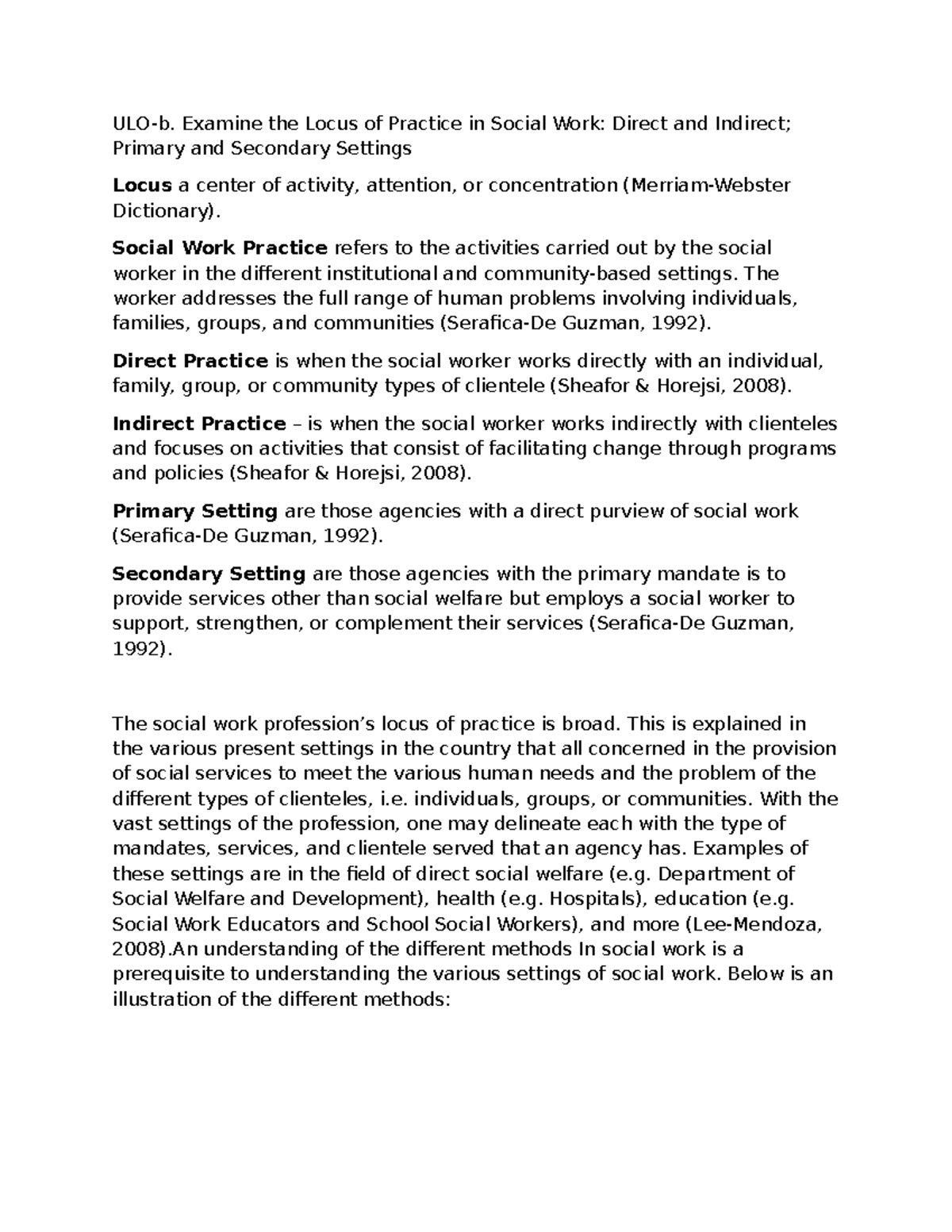 SW 123 Social Work Locus of Practice: Direct and Indirect Methods - Studocu