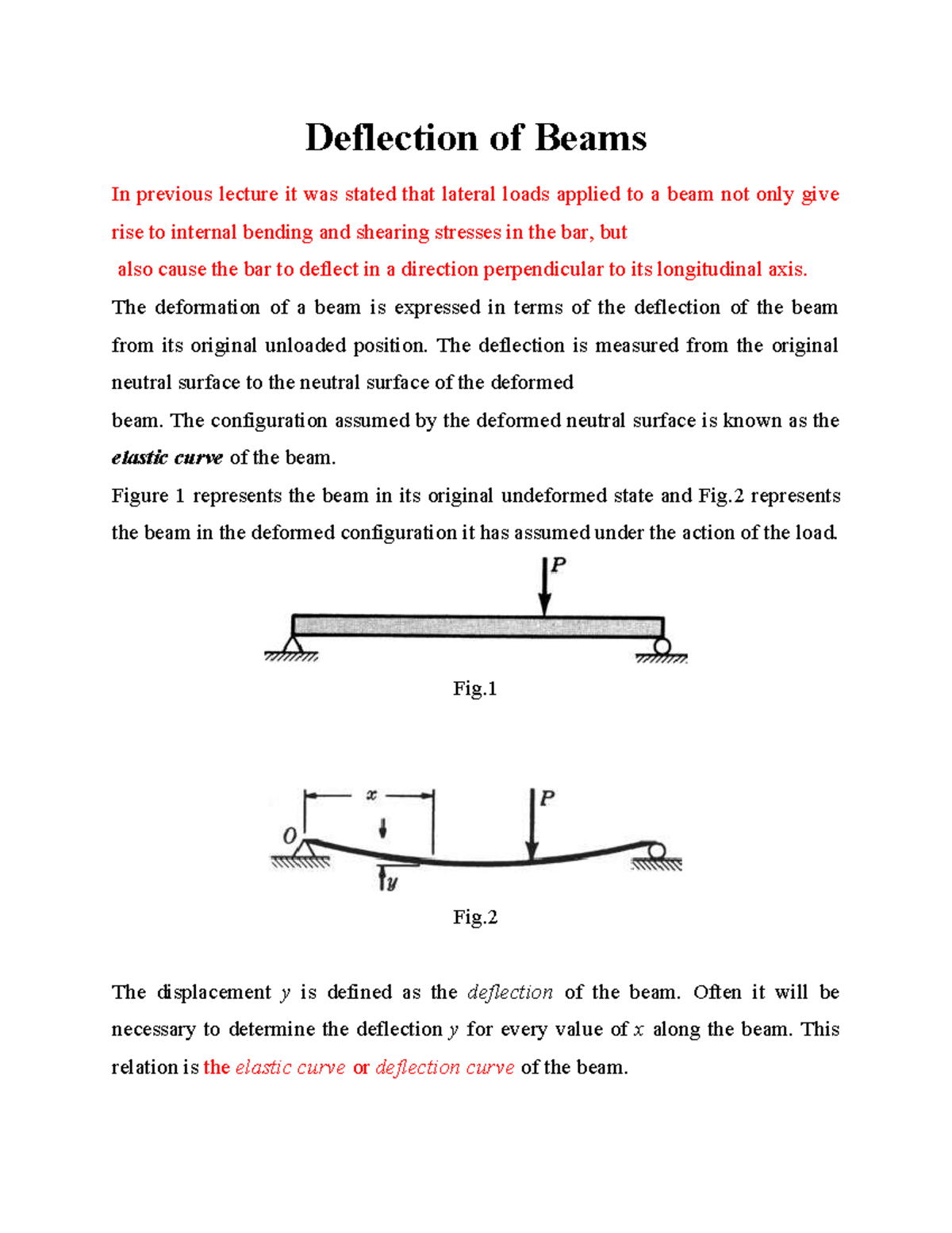 Deflection of Beams: Lecture Notes for ME 2020 Class - Studocu