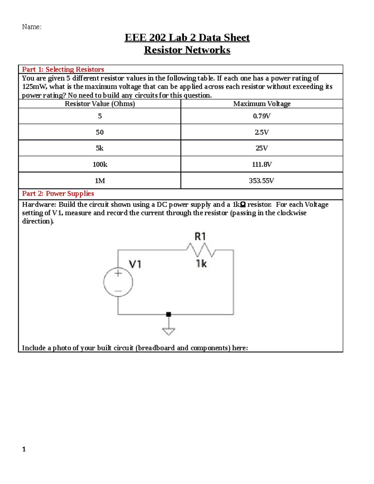 EEE 202 Lab 2: Resistor Networks Data Sheet and Experiment Results ...