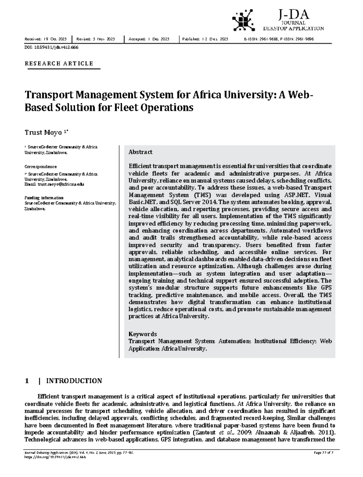 Transport Management System for Africa University A Web Based Solution ...