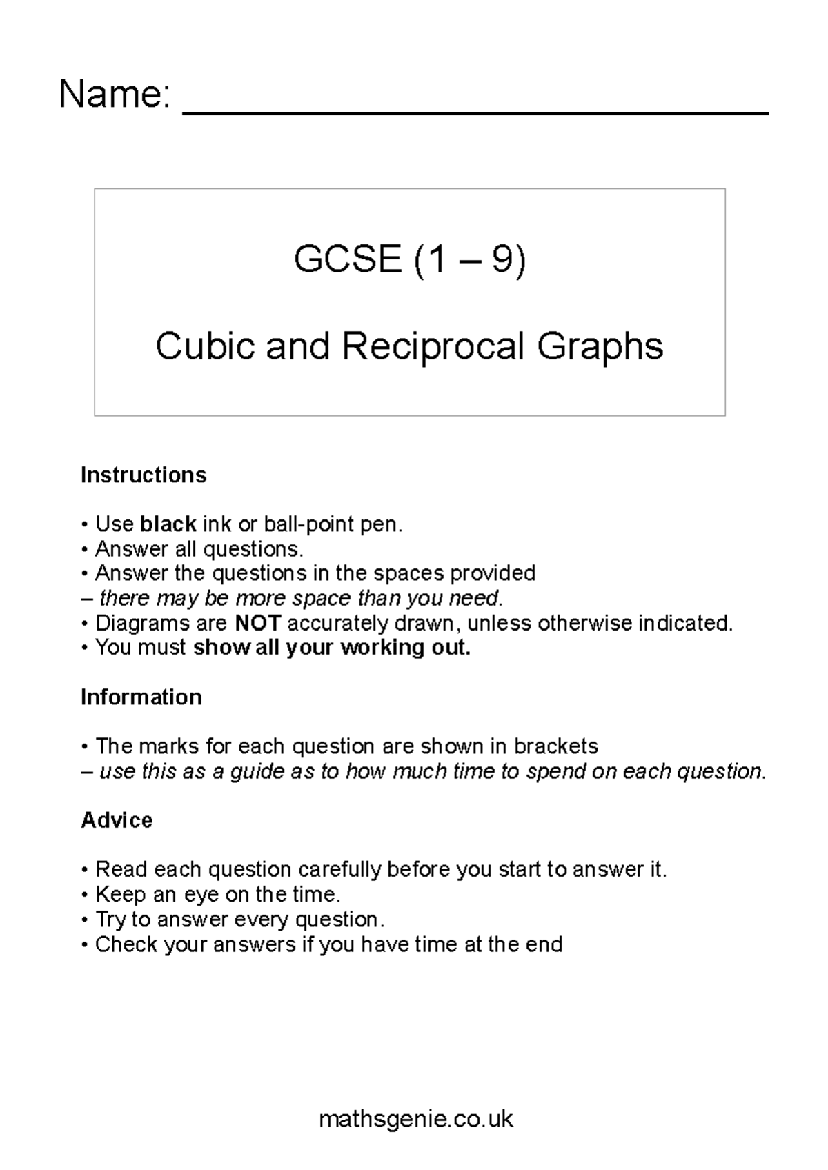 GCSE (1 9) Cubic and Reciprocal Graphs Practice Questions - Studocu