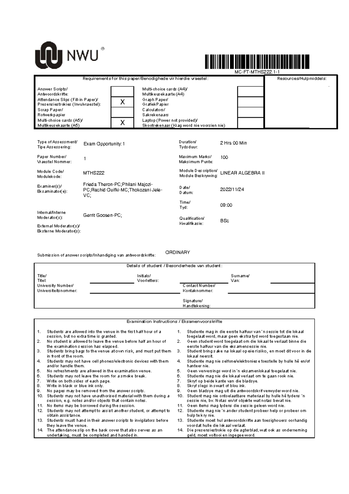 MTHS222 Final Exam Paper 1 December 2022 Requirements and Instructions ...