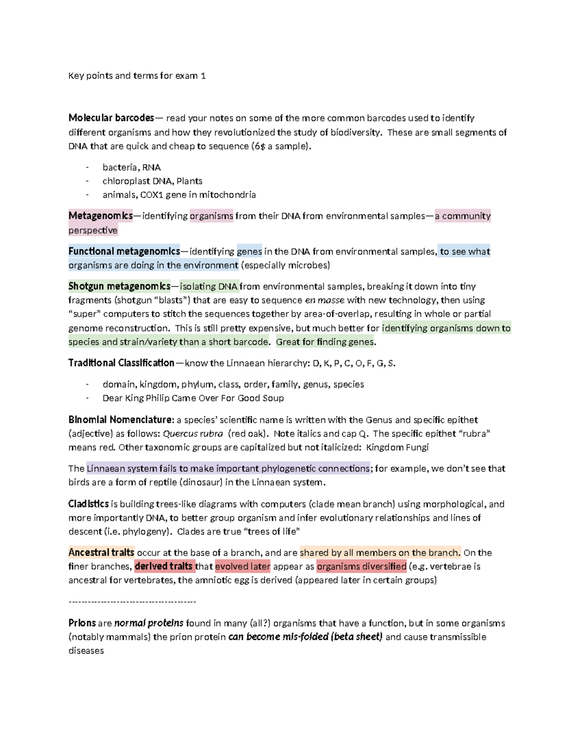 BIOL101: Key Concepts and Terms for Exam 1 Study Guide - Key points and ...