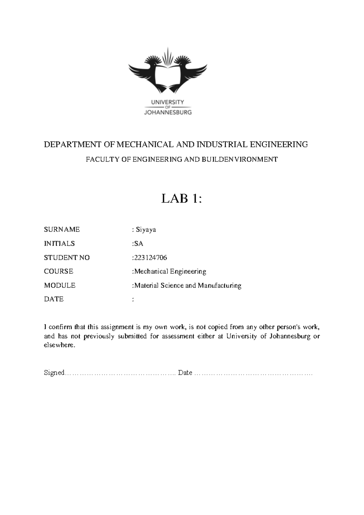 MECH 101: Lab 1 - Material Science & Manufacturing Report by SA Siyaya ...