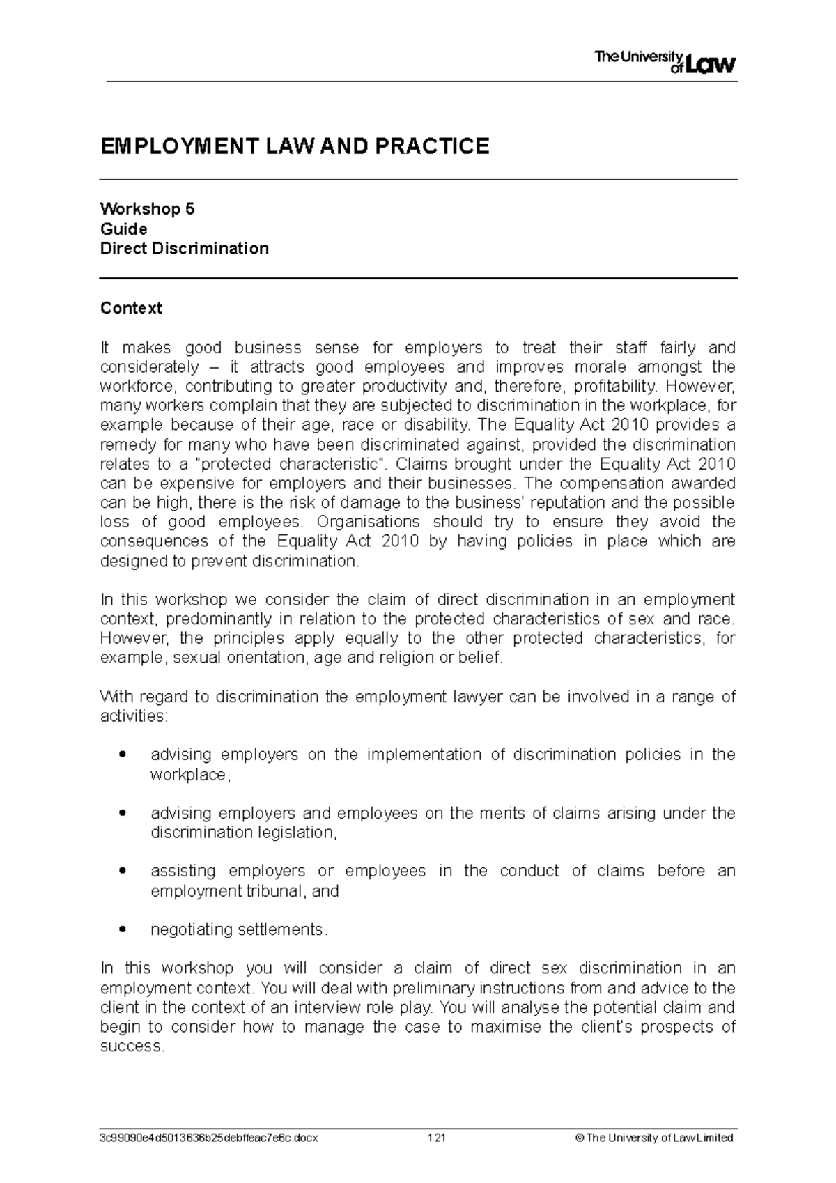 EMP 5 - Detailed Workshop Notes on Direct Discrimination Law - Studocu