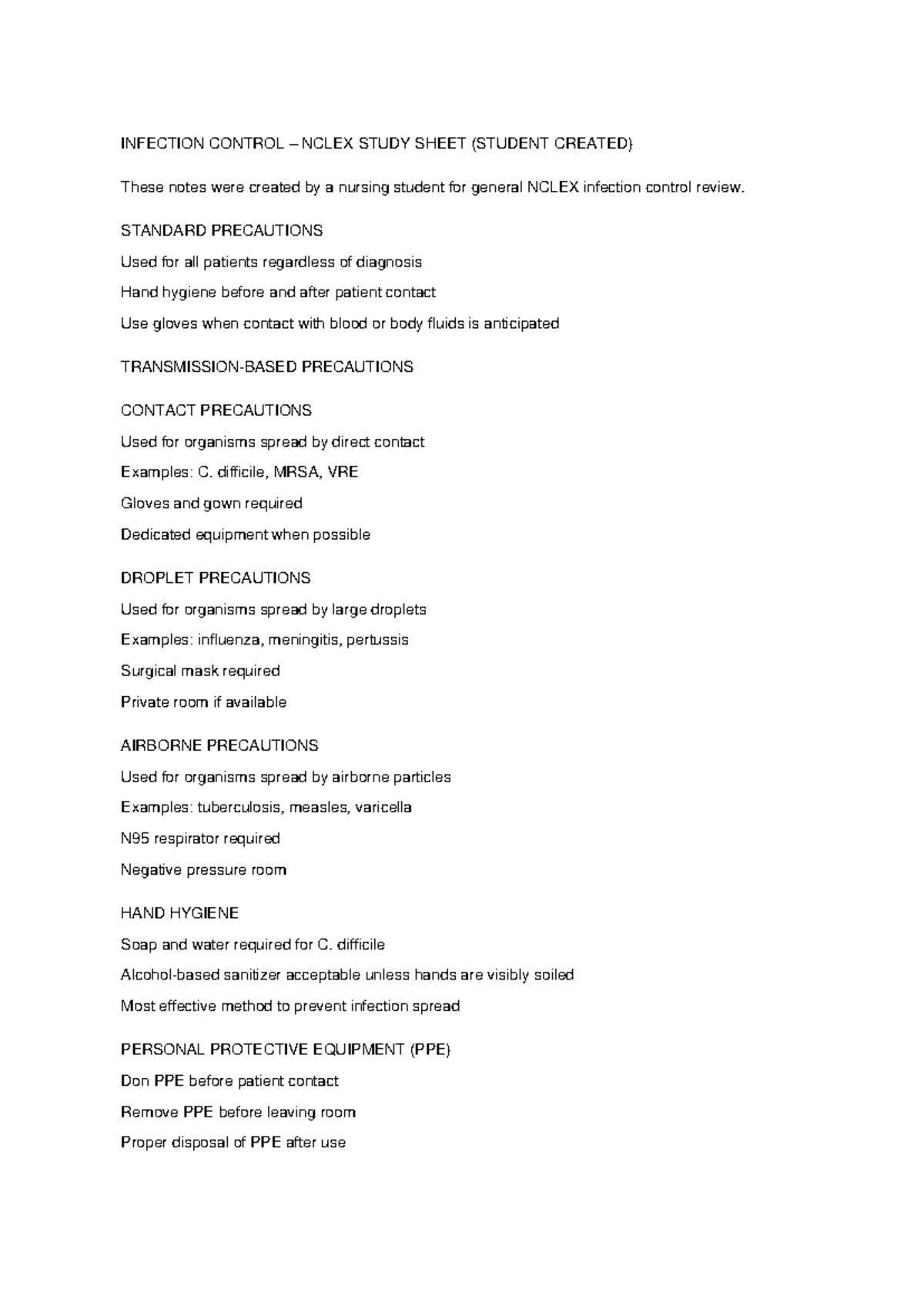 Infection Control NCLEX Study Notes: Key Precautions & Guidelines - Studocu