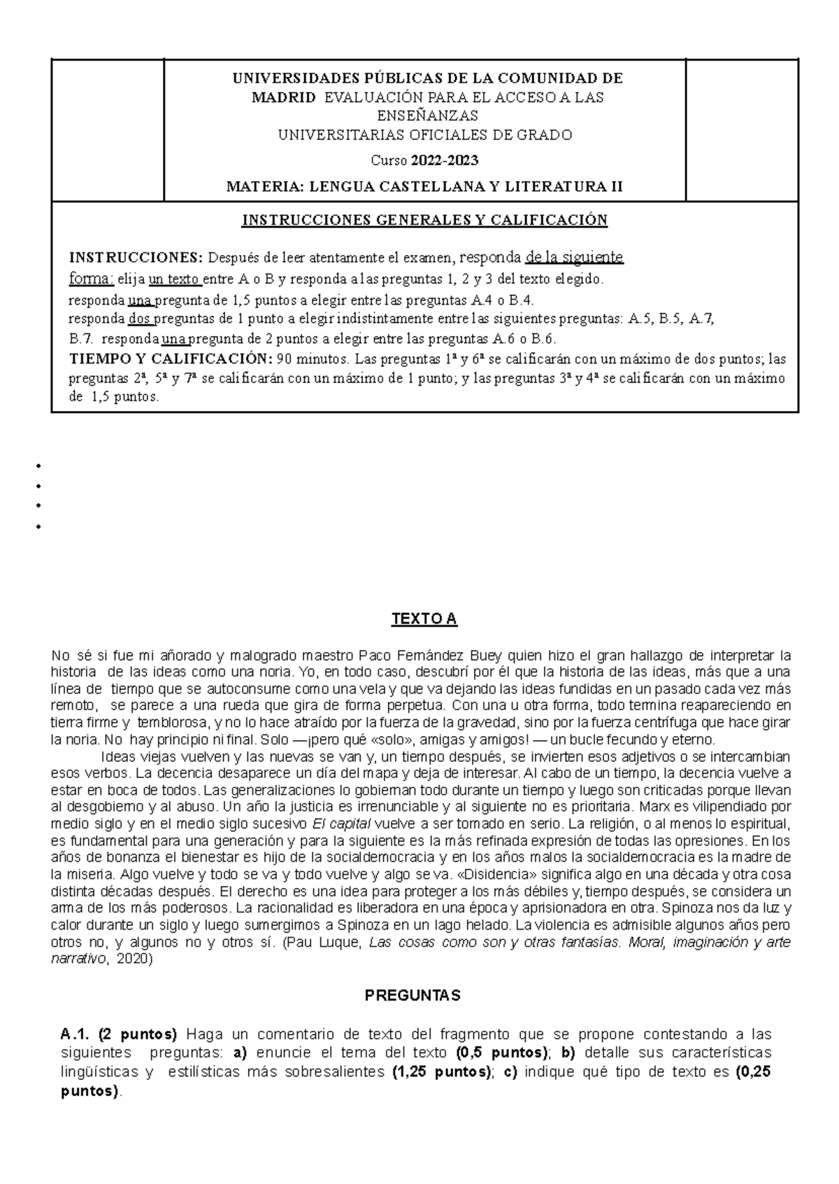 Modelo de Examen EVAU: Lengua Castellana y Literatura II 2022 - Studocu