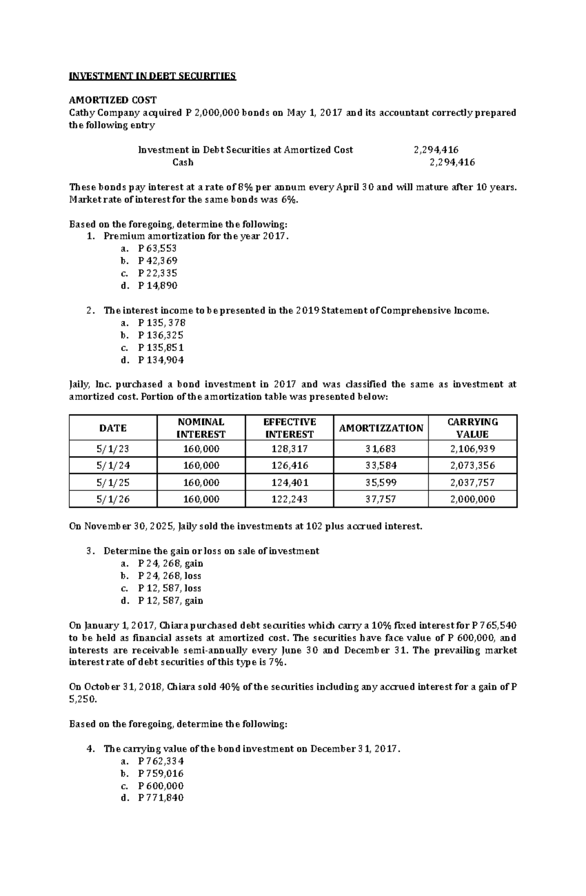 Investment in Debt Securities: Case Studies and Key Calculations - Studocu