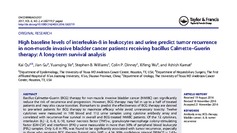 High Baseline Cytokine Levels Predict Tumor Recurrence in NMIBC ...