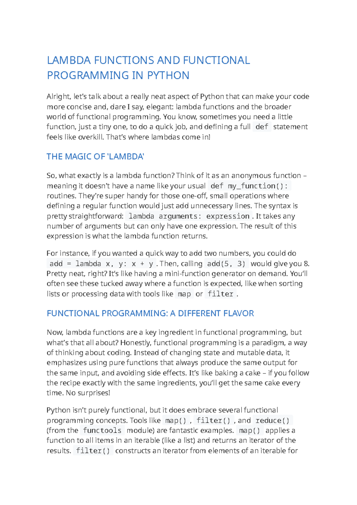 Lambda Functions and Functional Programming in Python - Studocu