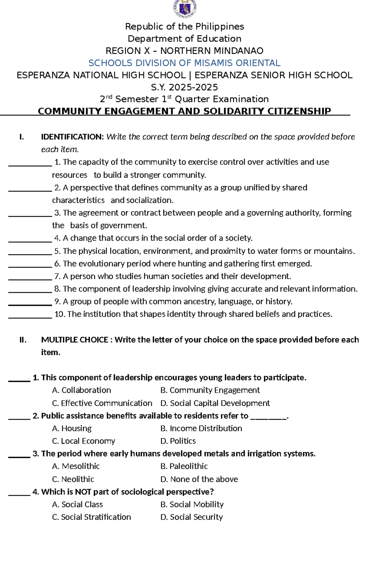 Community Engagement and Solidarity Citizenship I: 2nd Sem 1st Qtr Exam ...