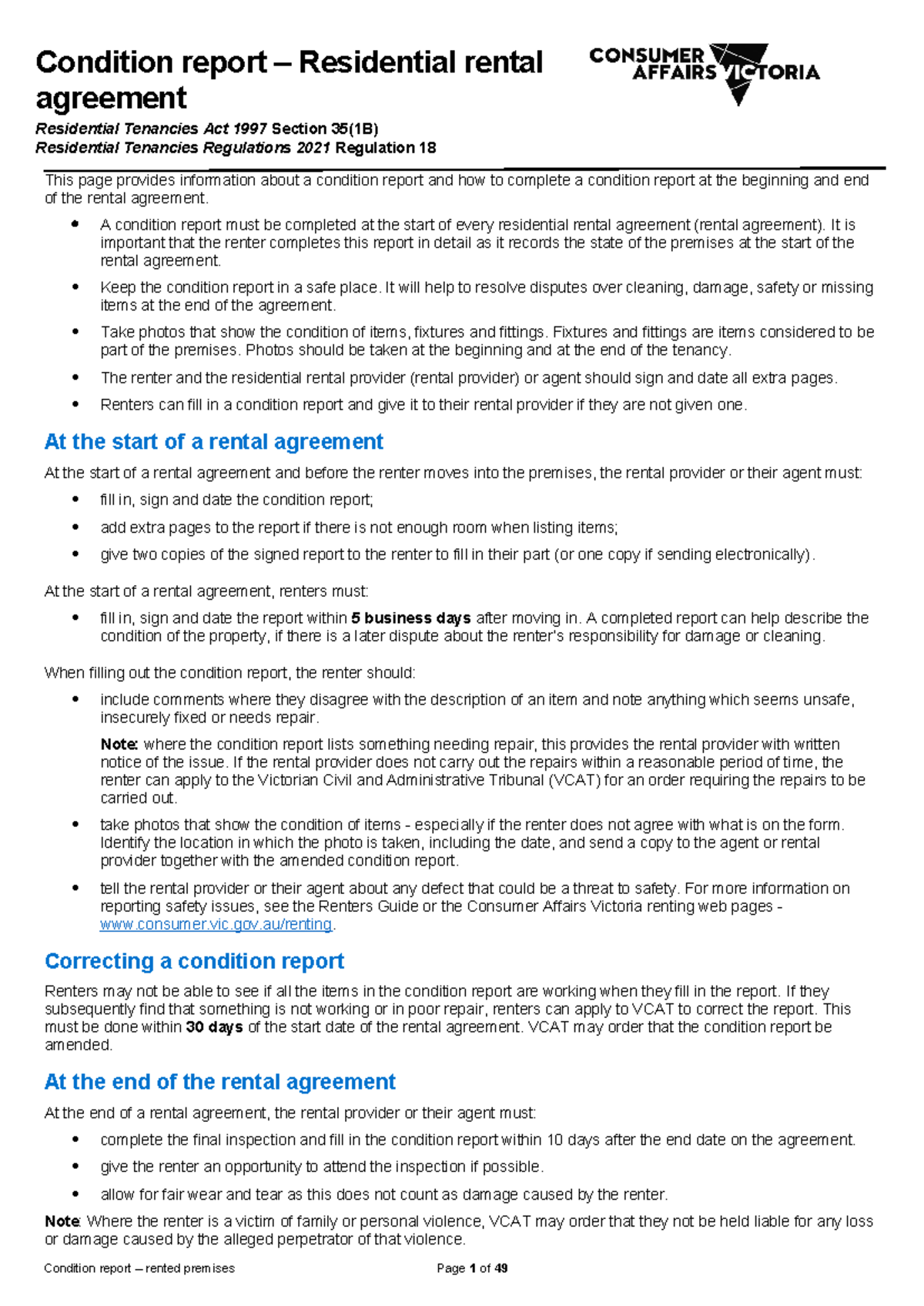 Condition Report for Residential Rental Agreement - RTA 1997 - Studocu