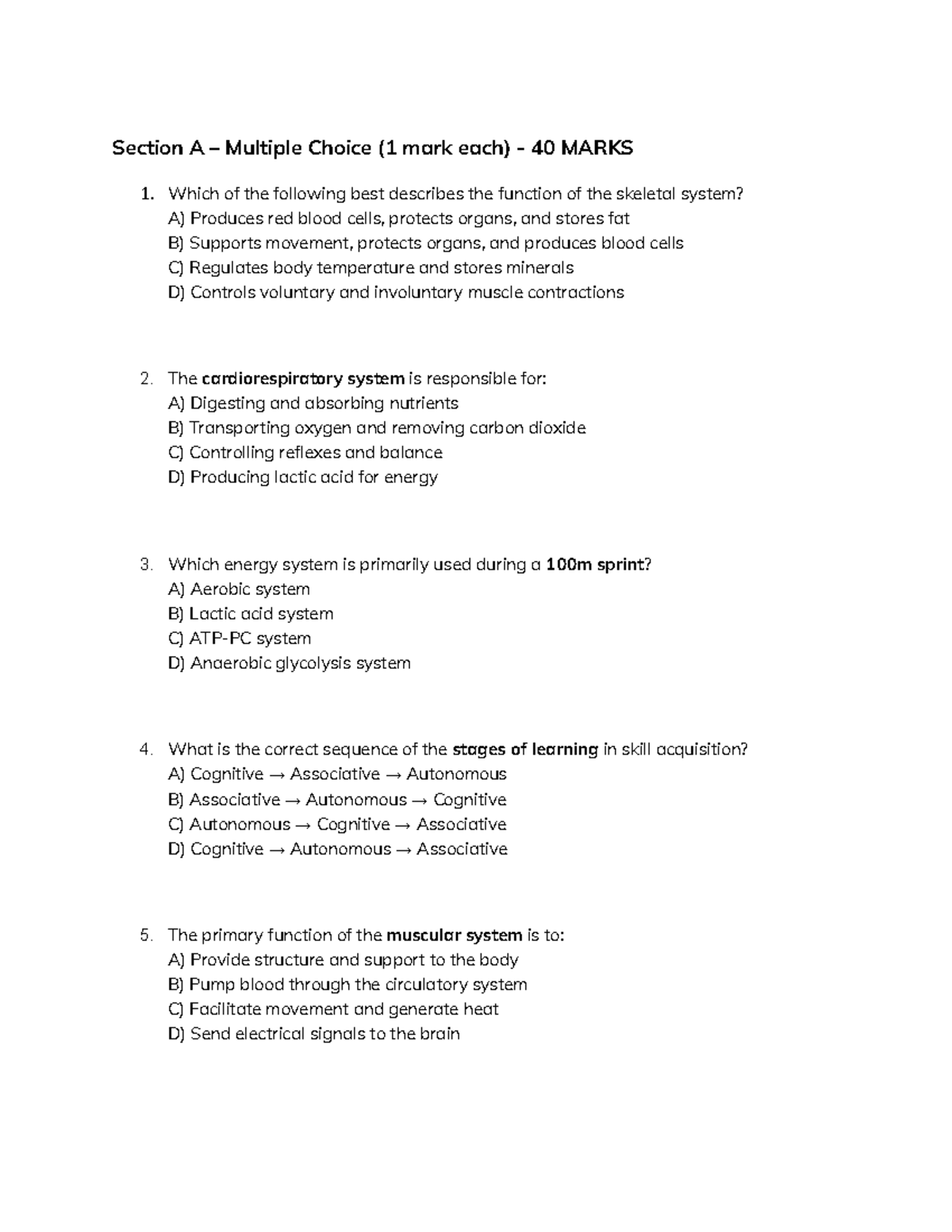 Section A – Multiple Choice (1 mark each) - 40 Marks - Section A ...
