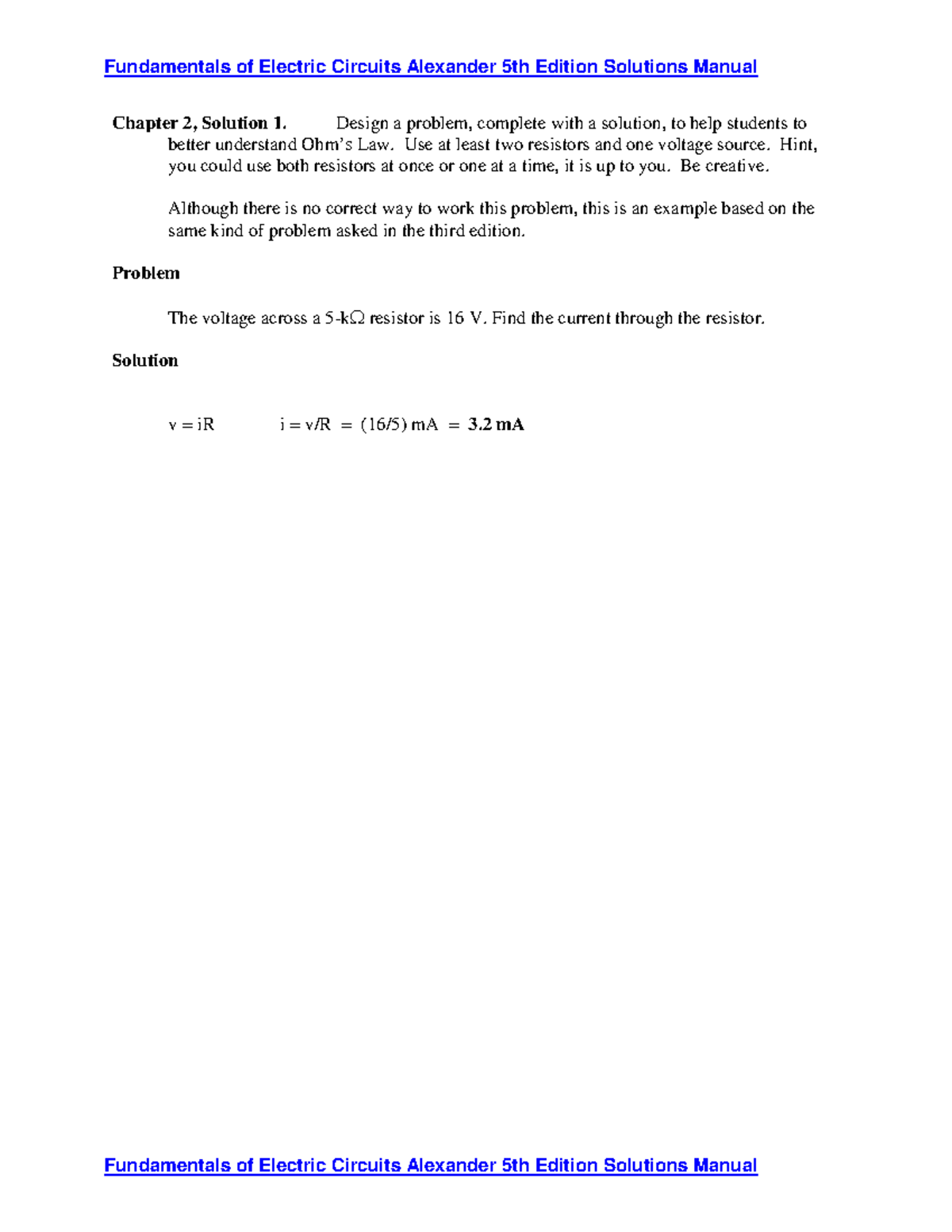 Fundamentals of Electric Circuits (EE 101) Solutions Manual: Chapter 2 ...