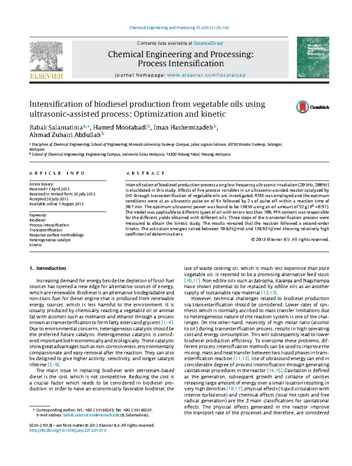 Optimization of Biodiesel Production via Ultrasonic Transesterification ...