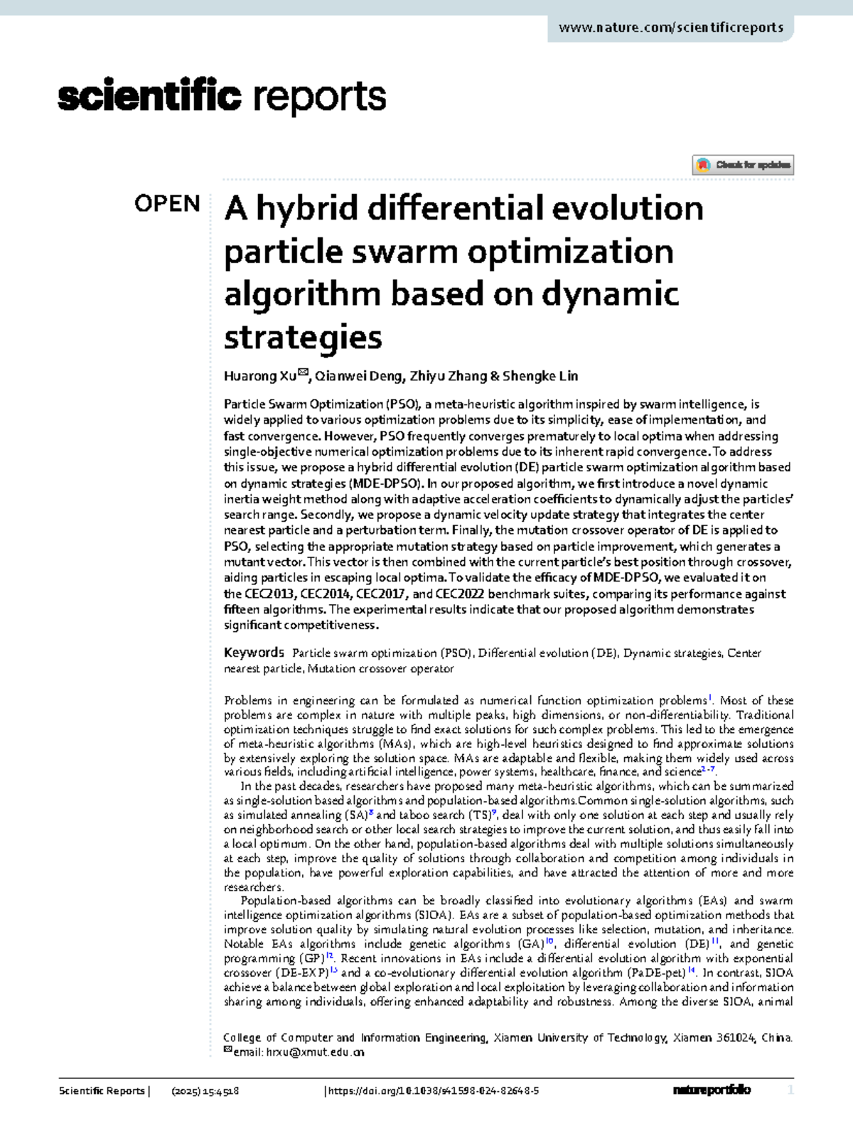 Hybrid DE-PSO Algorithm with Dynamic Strategies for Optimization - Studocu