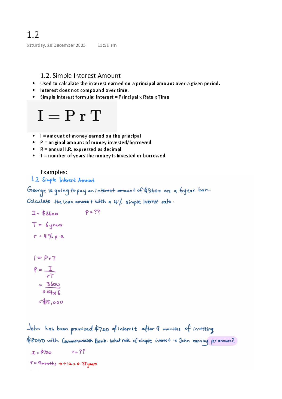 25400 Financial Literacy Unit 1.1 - 25400 - 1. Simple Interest Amount ...