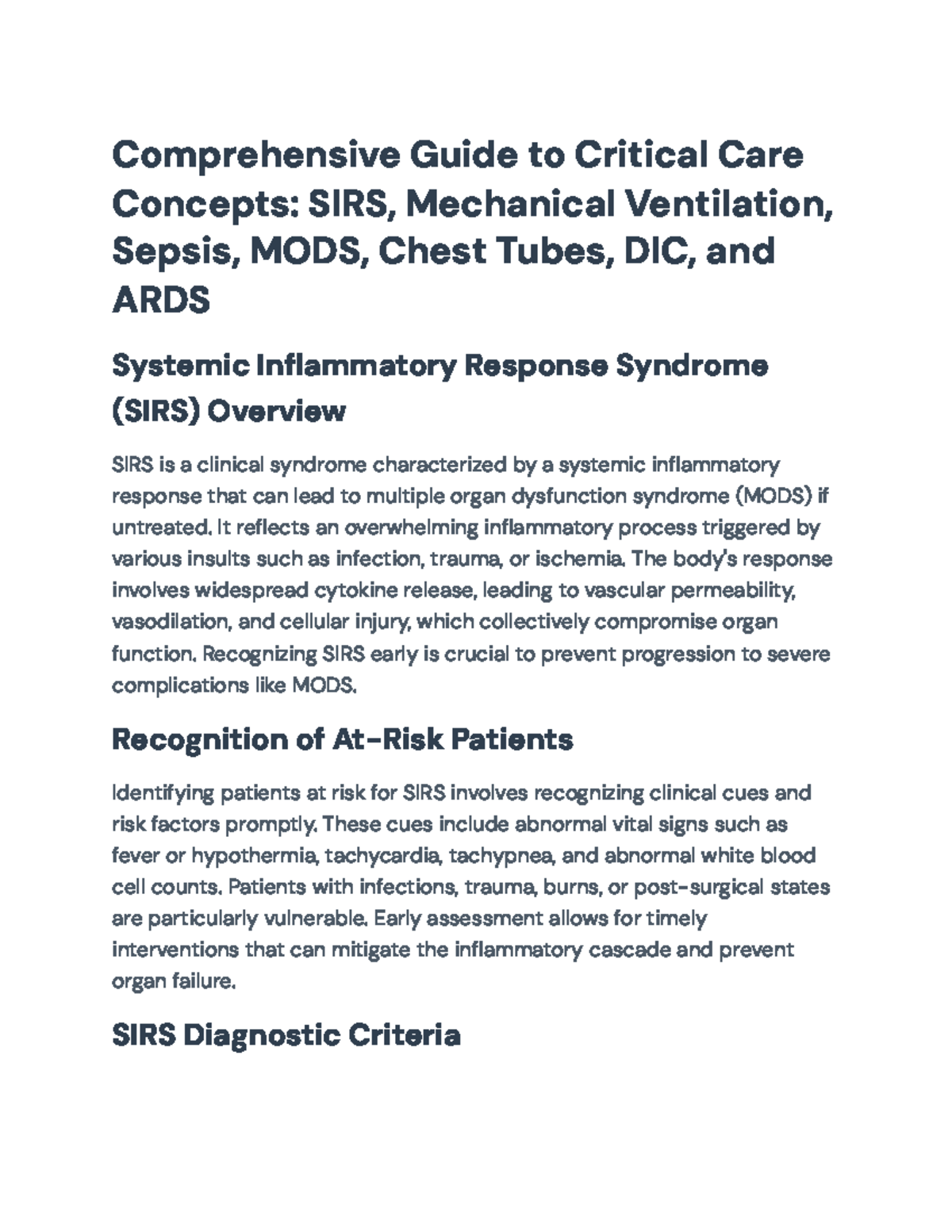 Comprehensive Guide to Critical Care Concepts: SIRS, Sepsis, MODS ...