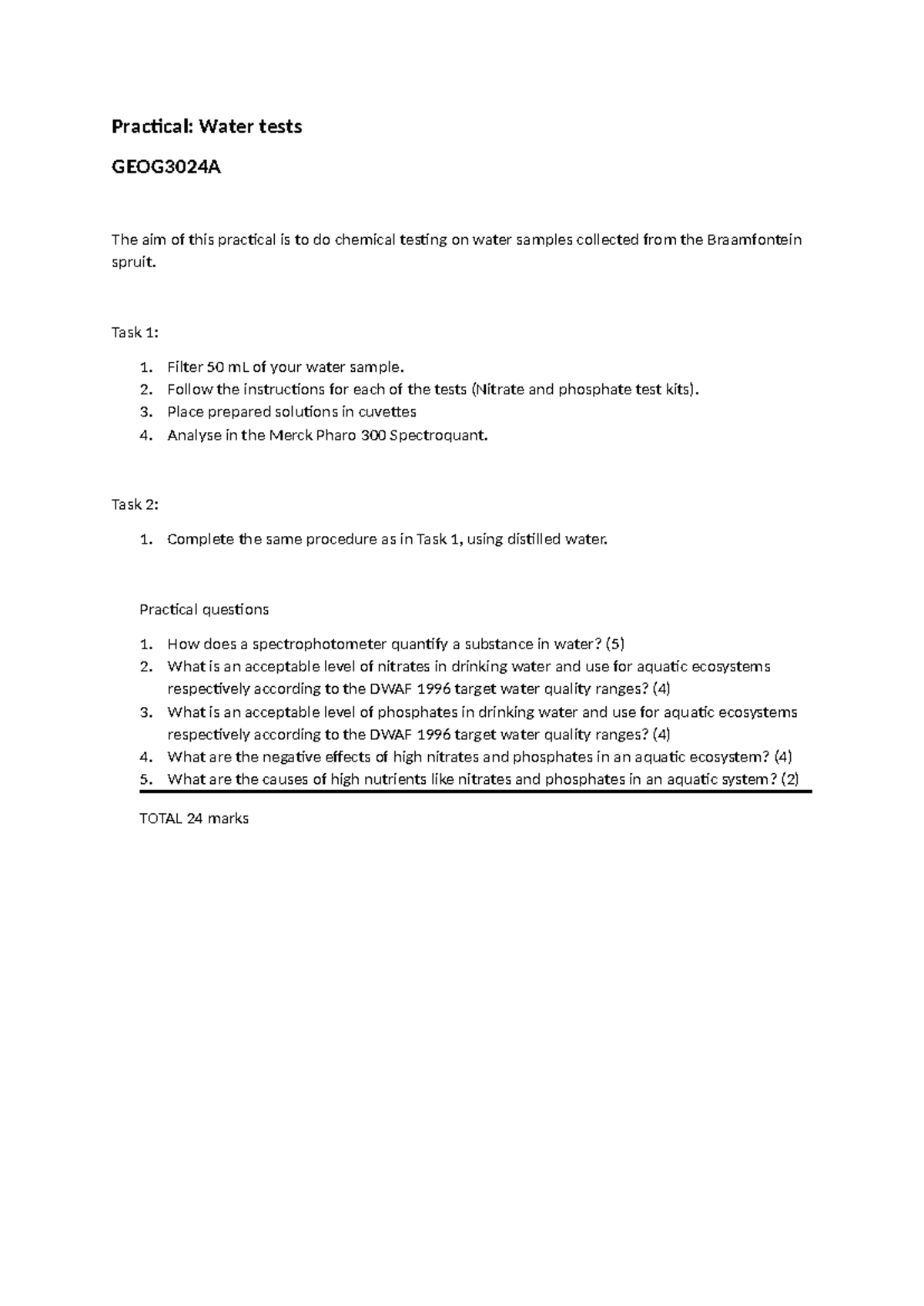 Practical: Water Tests and Analysis GEOG3024A - Studocu