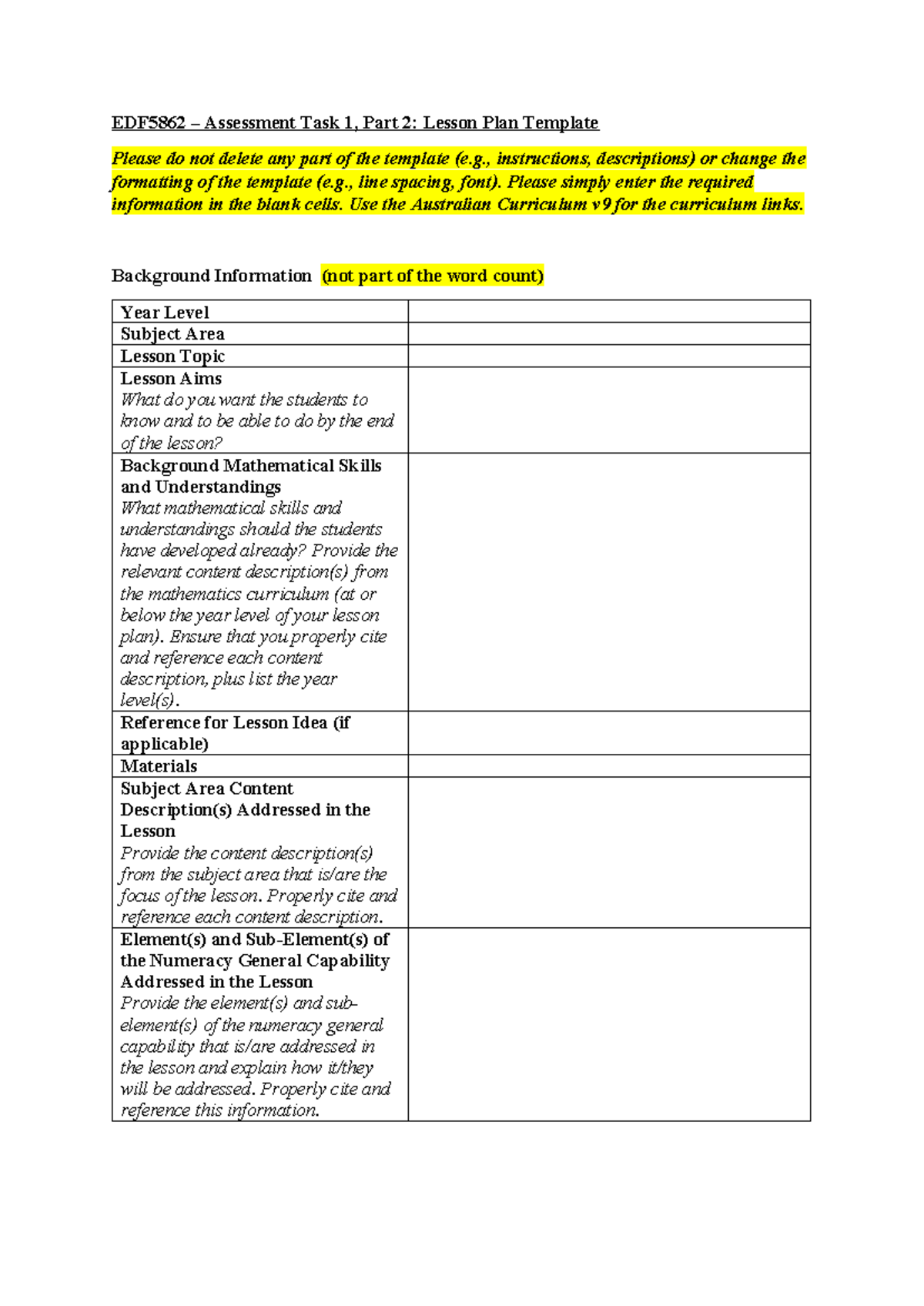 EDF5862 AT1: Lesson Plan Template for Curriculum v9 - Studocu