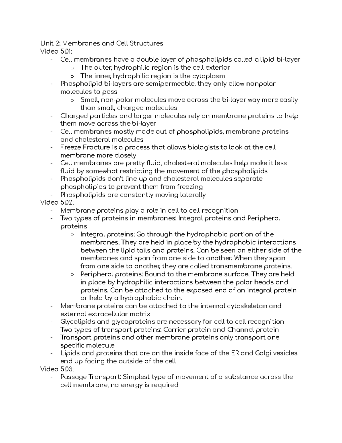 Unit 2: Membranes and Cell Structures Overview for AP Bio - Studocu