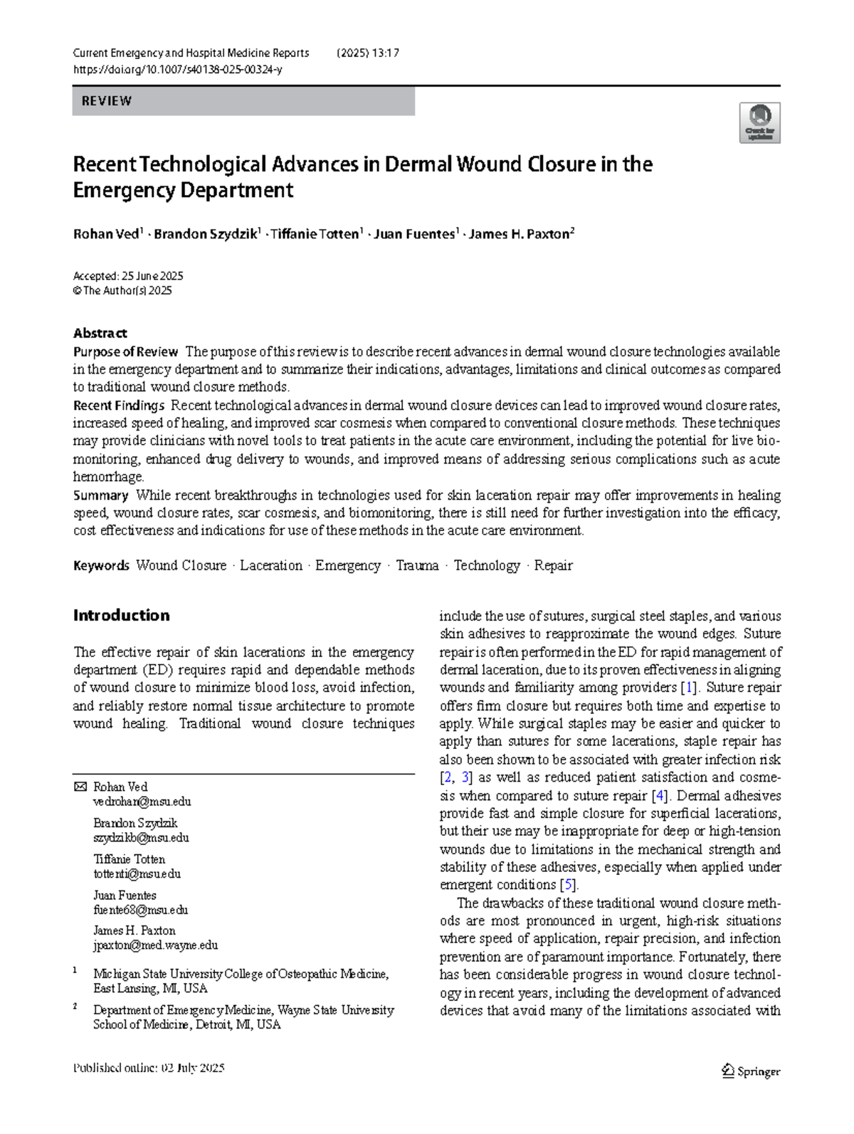 S40138: Recent Advances in Dermal Wound Closure Technologies in EM ...