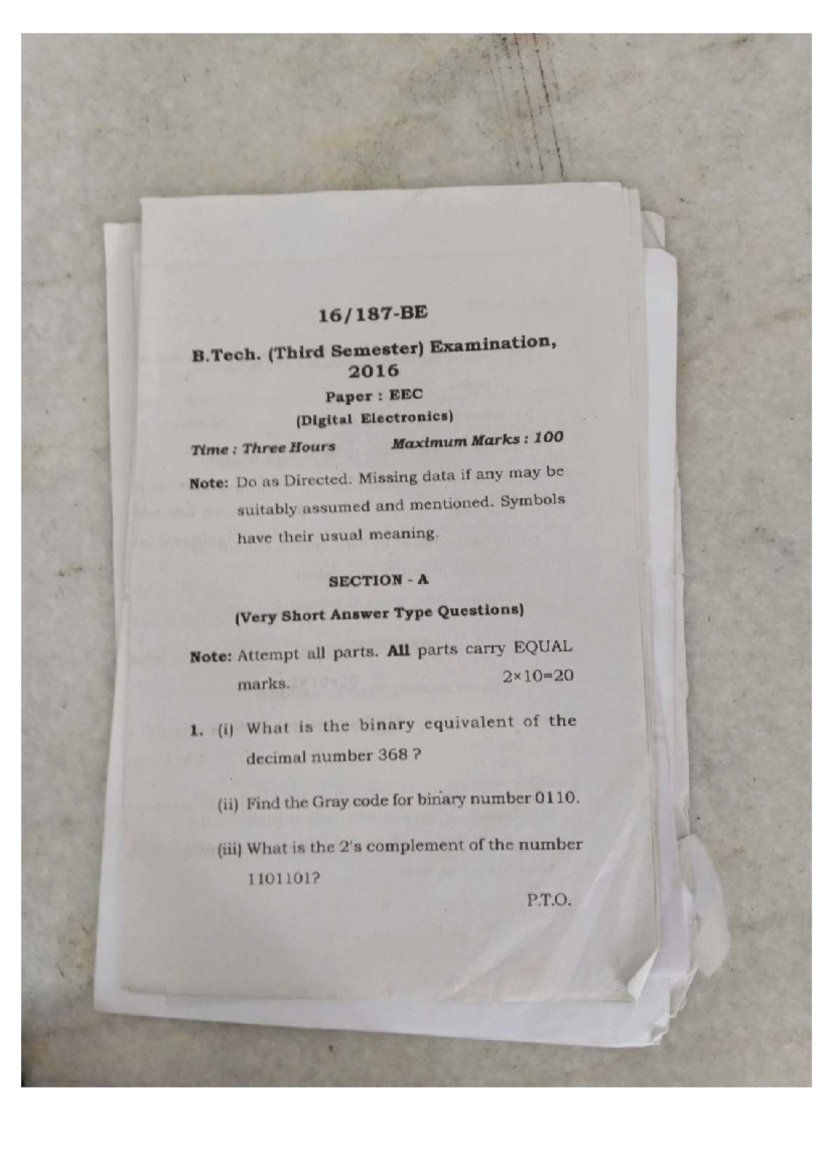 Digital Electronics: B.Tech. 3rd Sem Exam Paper (EEC) 2016-2024 - Studocu