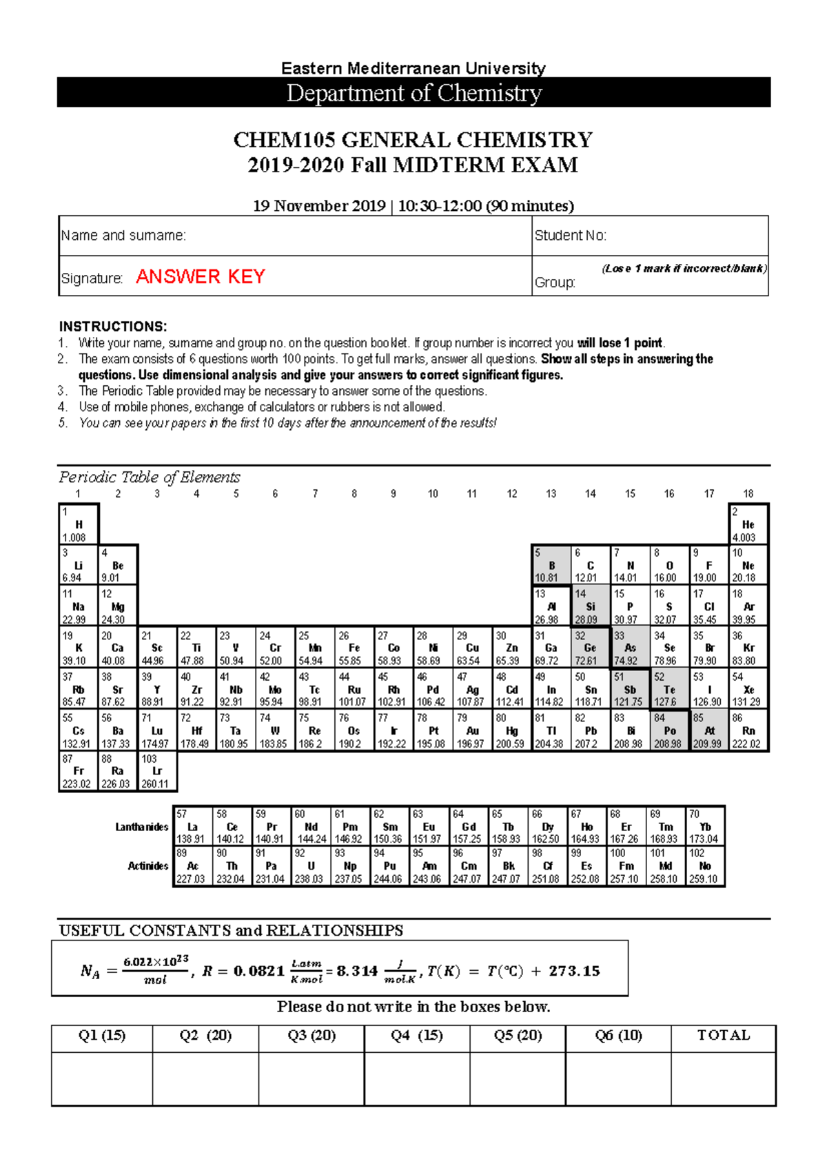 CHEM105-Fall 2019 Midterm Exam Solutions and Answer Key - Studocu