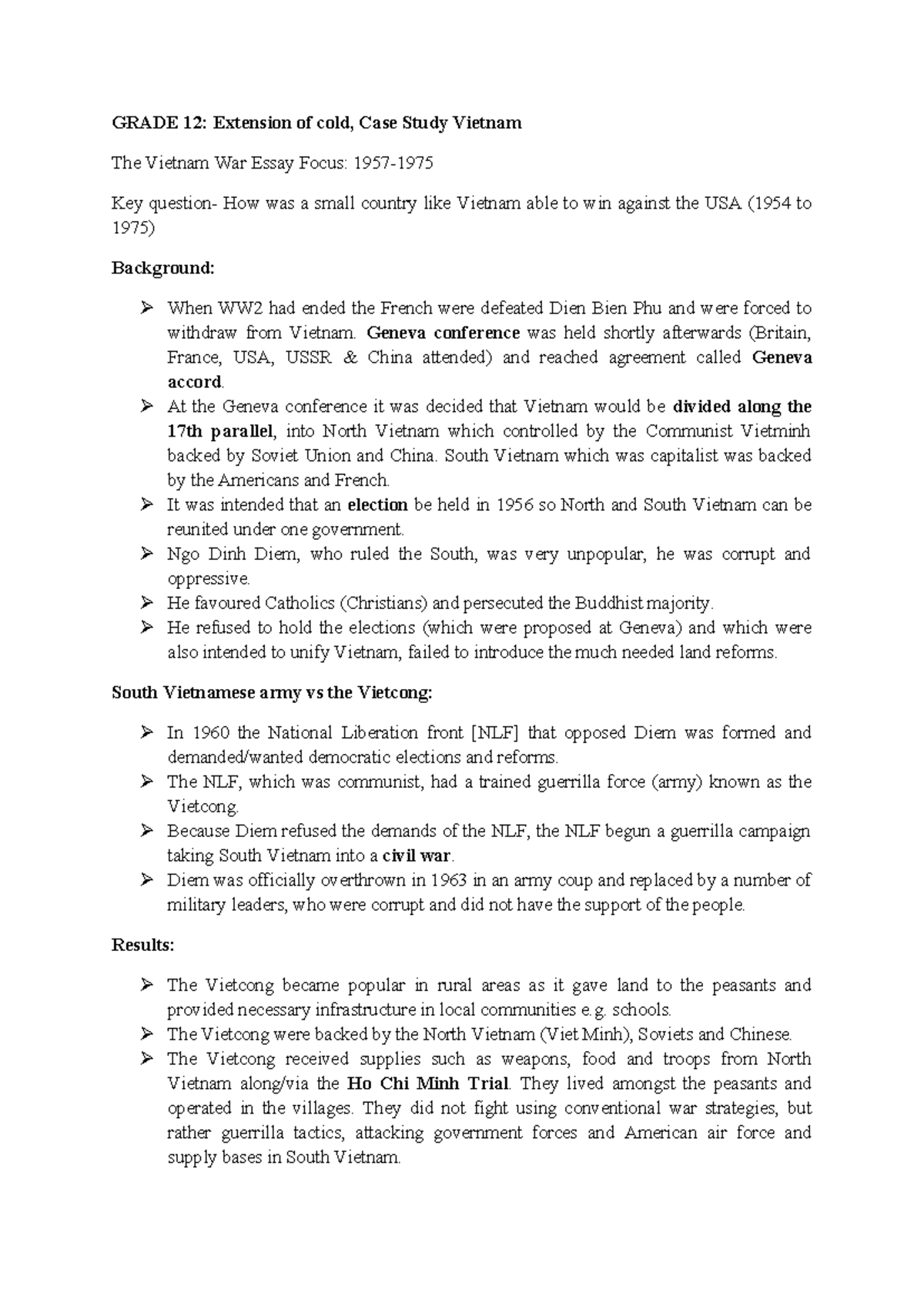 Grade 12: Case Study on Vietnam War (1954-1975) - Learner Notes - Studocu
