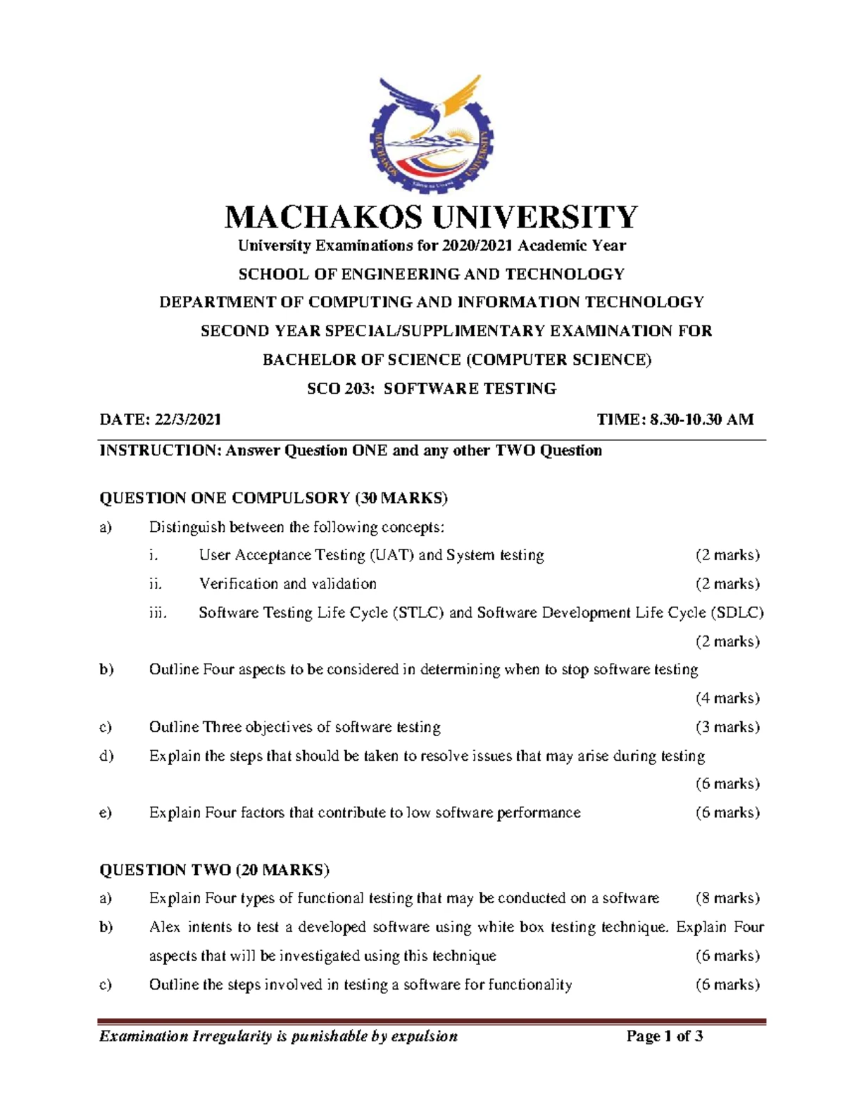 SCO 203: Software Testing Exam Paper - Machakos University - Studocu