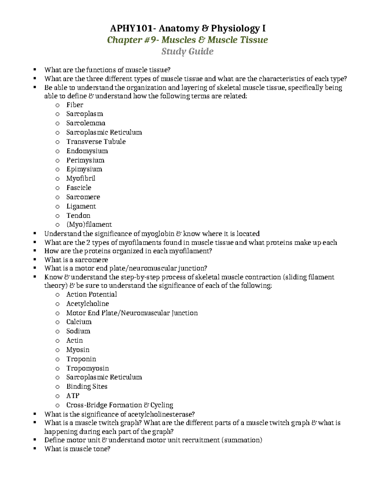 APHY101 - Anatomy & Physiology I: Chapter 9 Muscle Tissue Study Guide ...