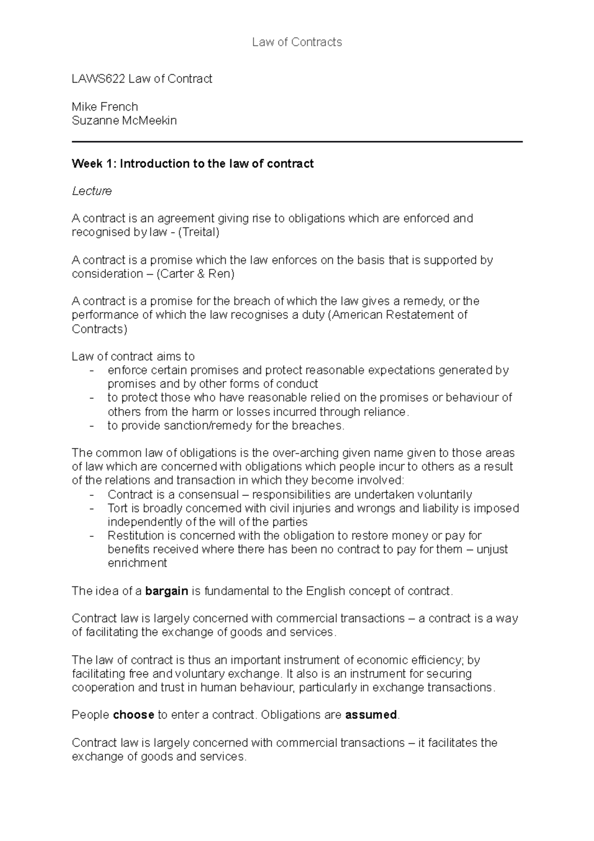 LAWS622 Lecture Notes: Law of Contracts Overview and Key Concepts - Studocu
