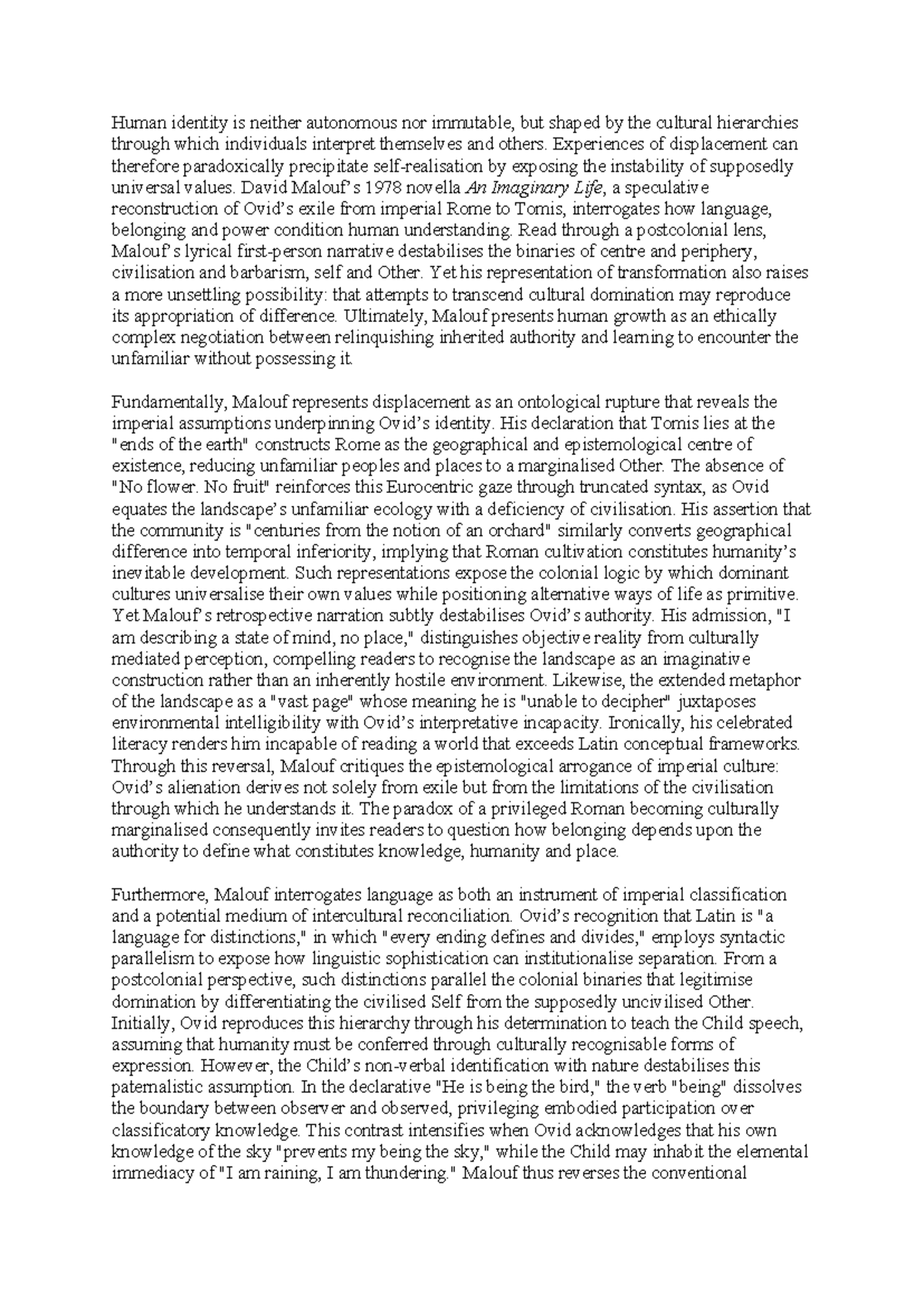 An Imaginary Life (ENG 101) Essay: Postcolonial Perspectives on ...
