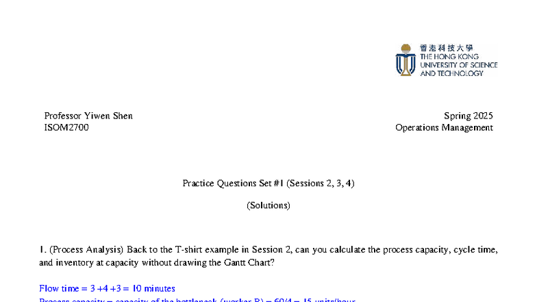 ISOM2700 Spring 2025 Operations Management Practice Set 1 Solutions ...