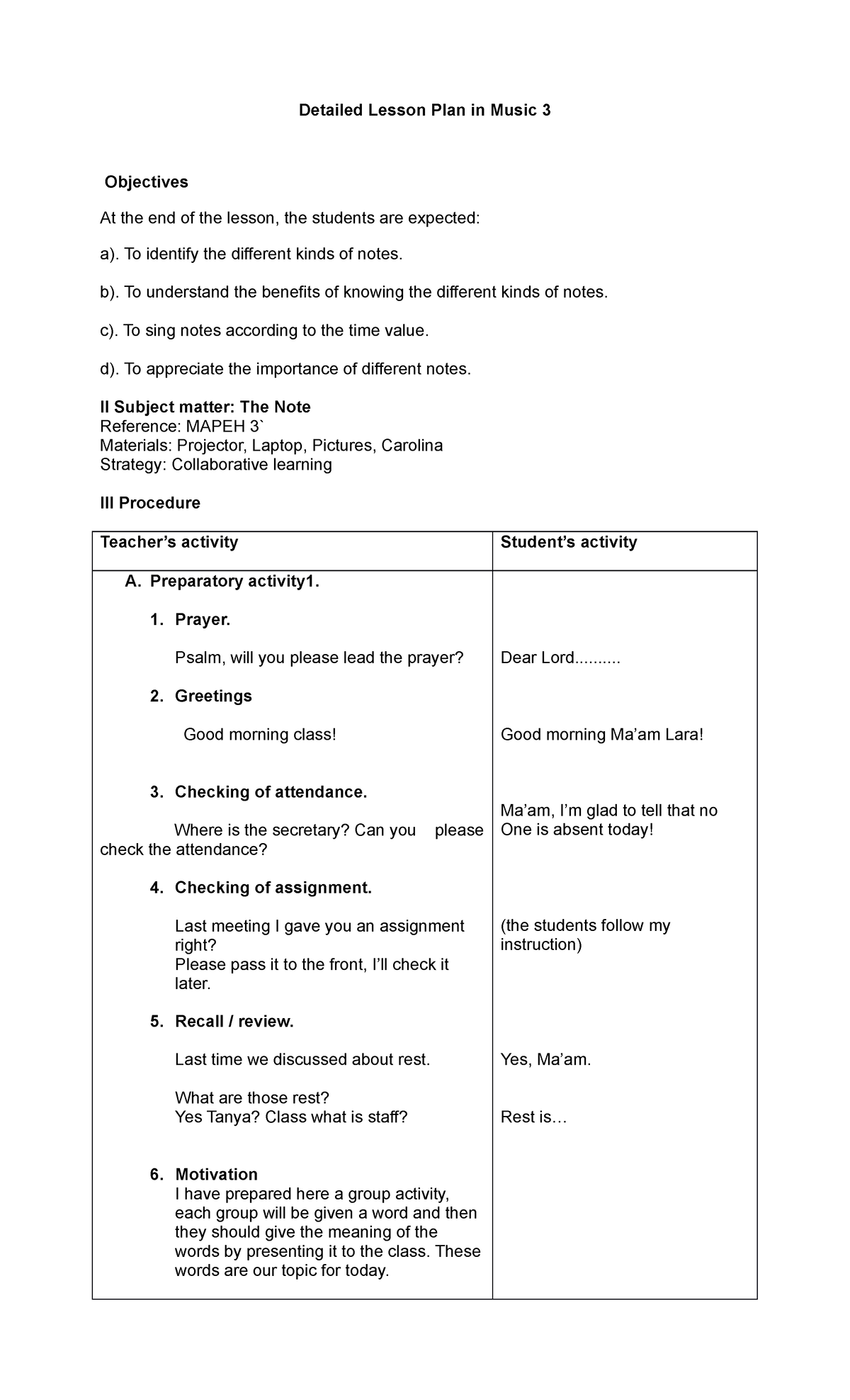 Detailed Lesson Plan in MAPEH 3: Understanding Musical Notes - Studocu