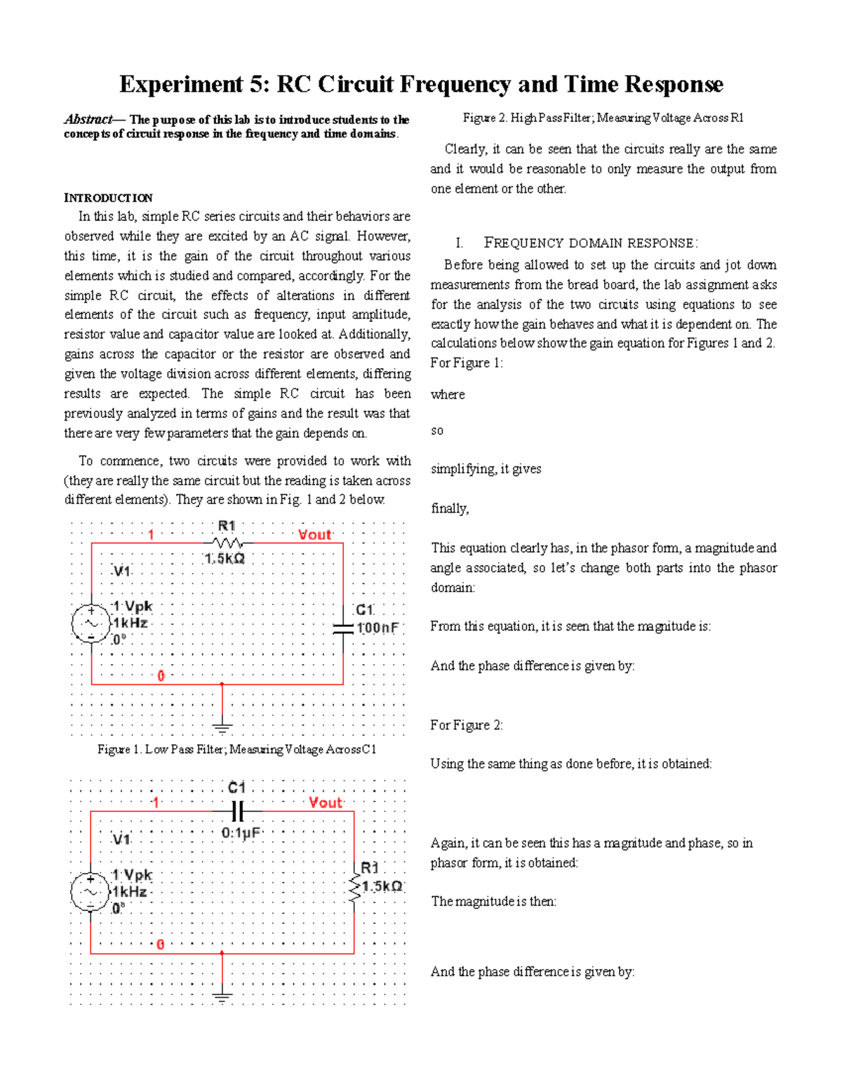 Lab 5: RC Circuit Frequency & Time Response Experiment Report - Studocu