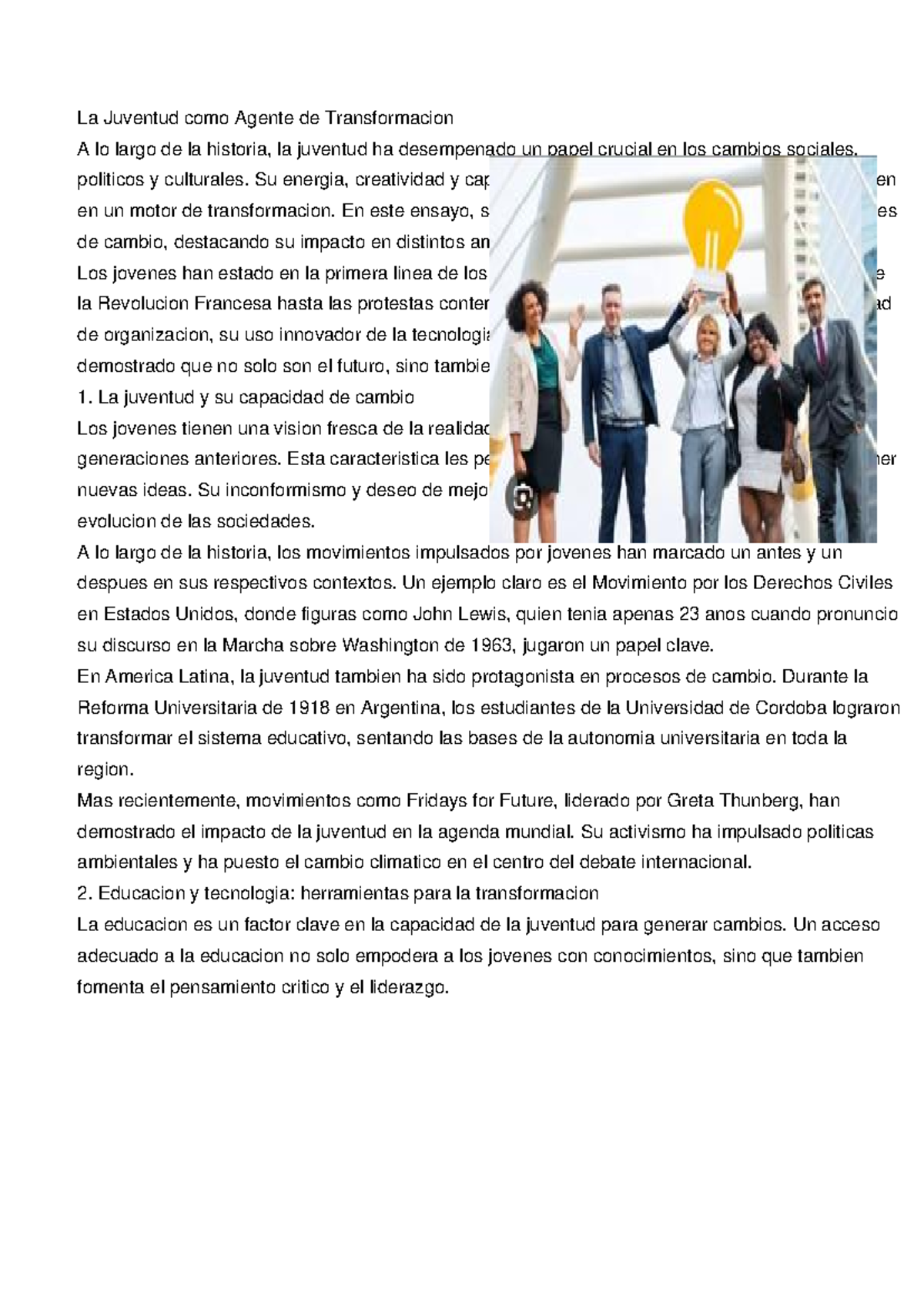 Ensayo T2 - La Juventud como Agente de Transformación Social - Studocu