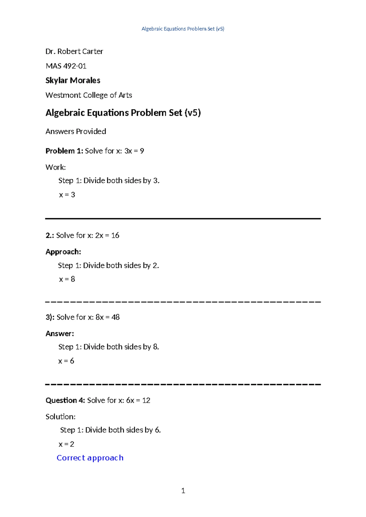 MAT 446-H: Algebraic Equations Problem Set Solutions and Steps - Studocu