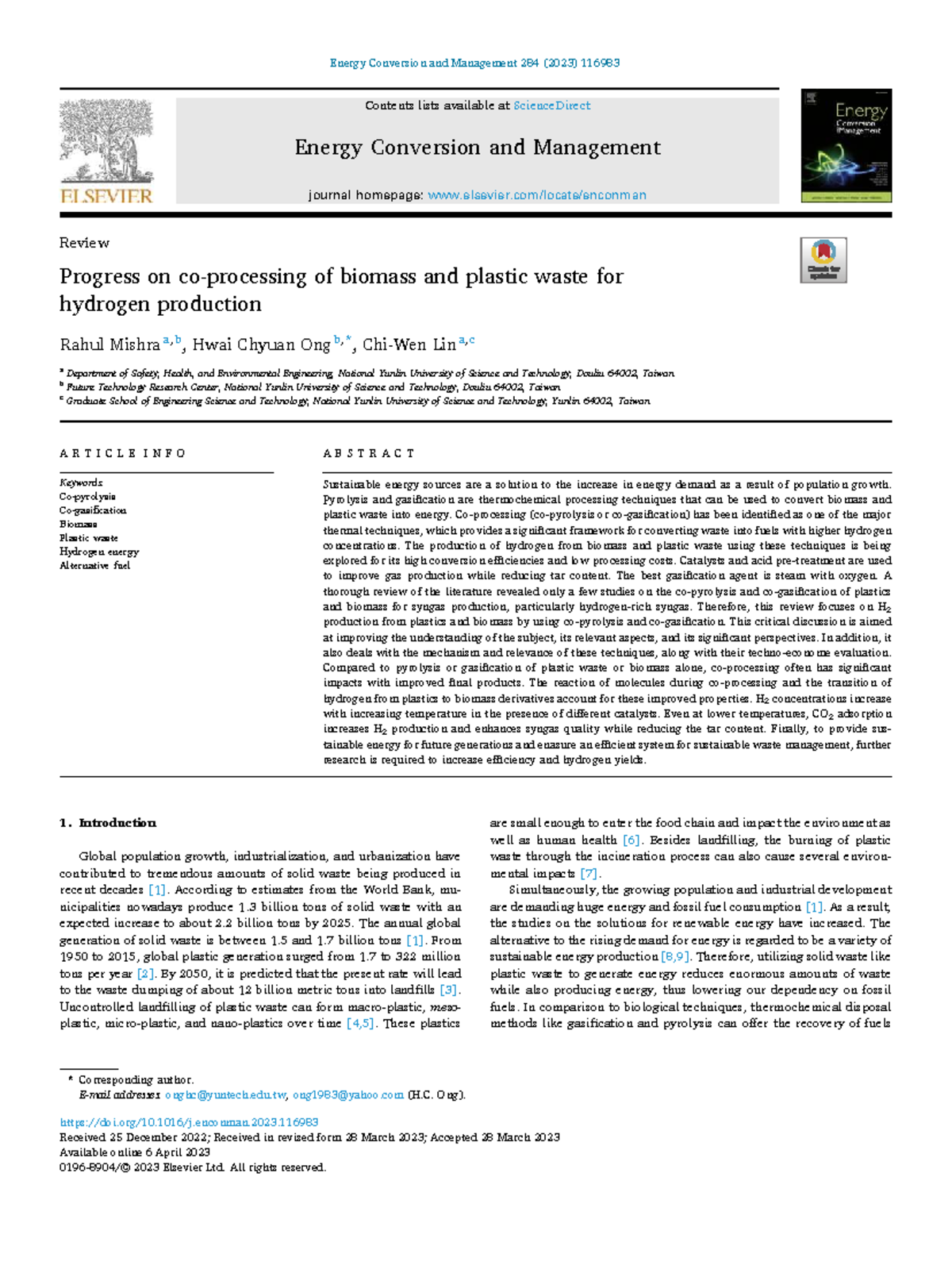 Review of Hydrogen Production from Biomass and Plastic Waste (CHMT3037 ...