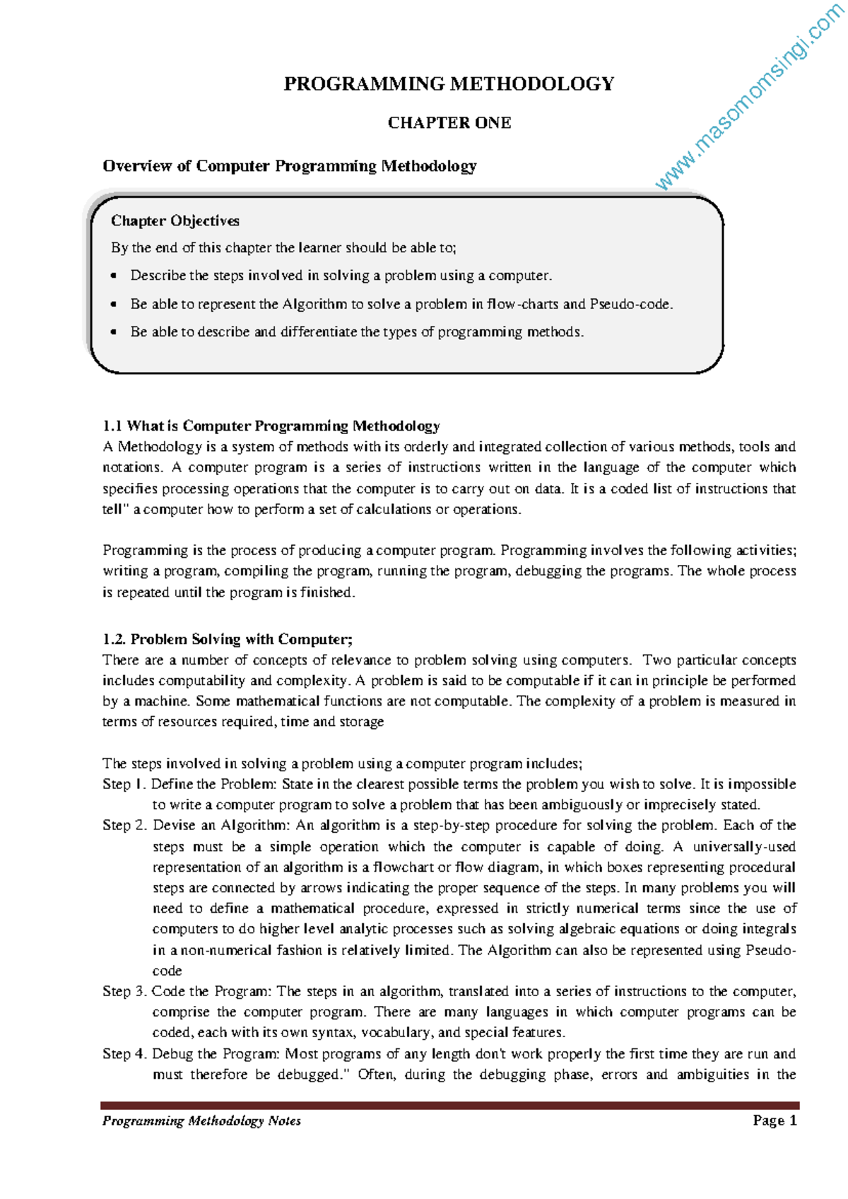 Computer Programming Methodology Notes Chapters 1 6 - PROGRAMMING ...